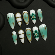 Retro Radiance press-on nails worn on hand – almond shape by Handora