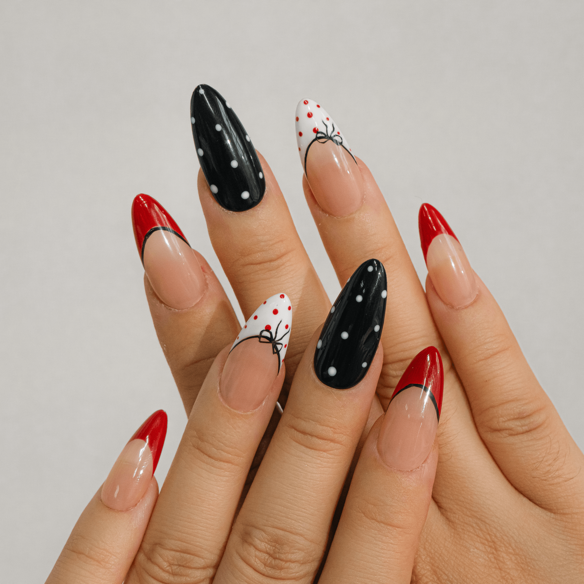 Retro Romance polka dot nail design – handmade press-on nails by Handora