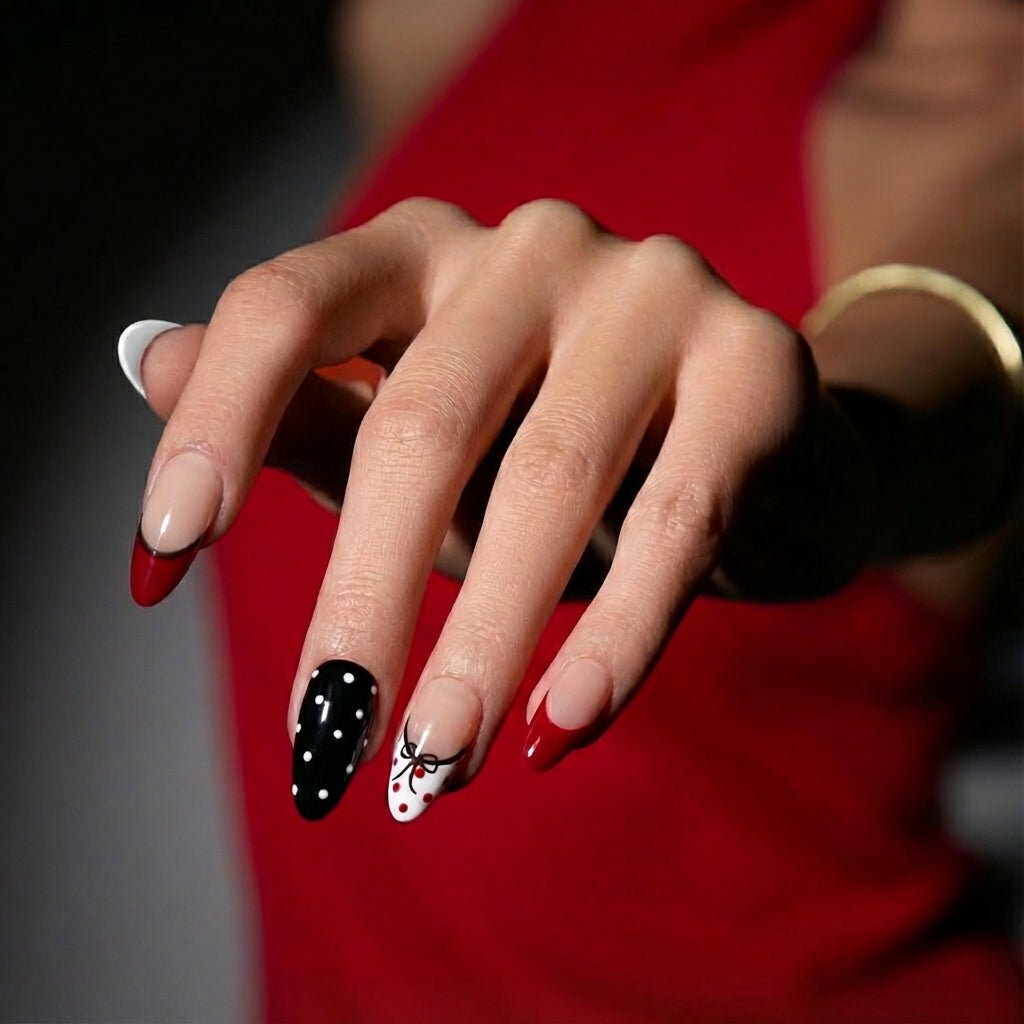 Retro Romance press-on nails – hand-painted reusable gel set by Handora