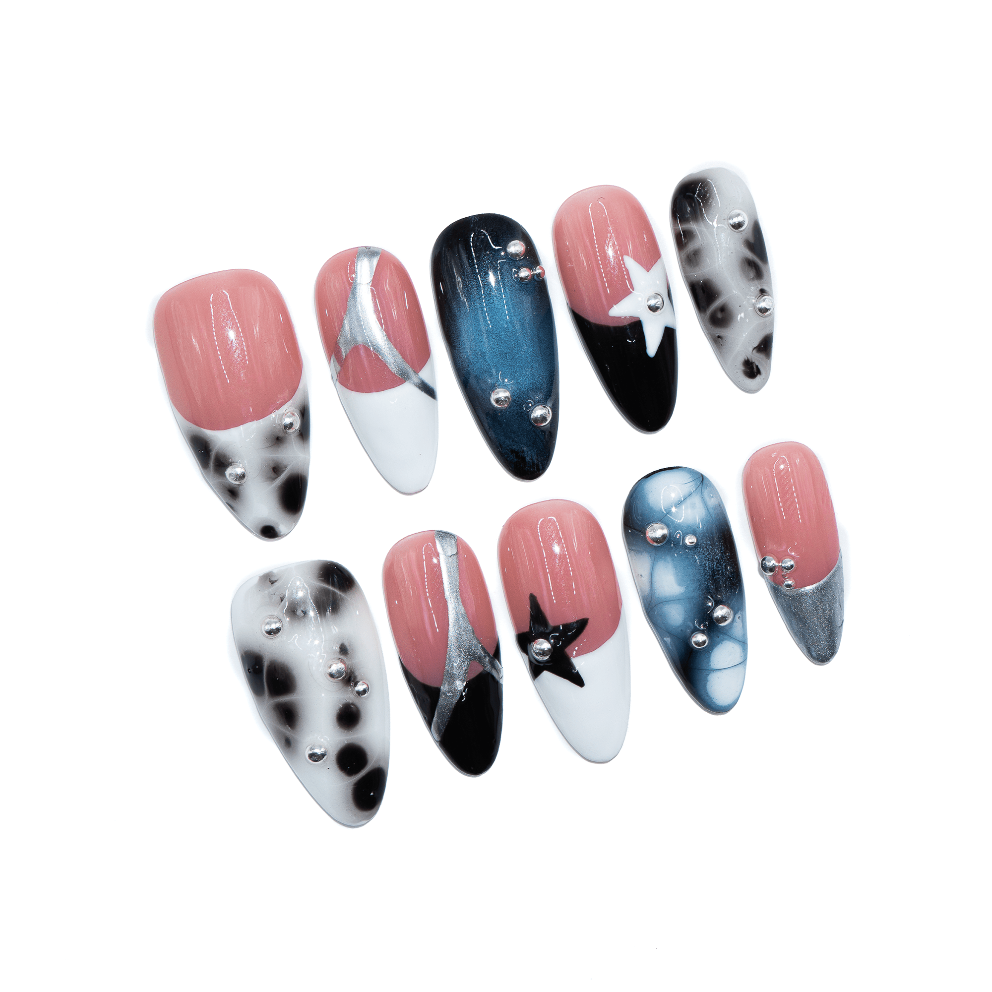 Retro Space Pop press-on nails – hand-painted reusable gel set by Handora