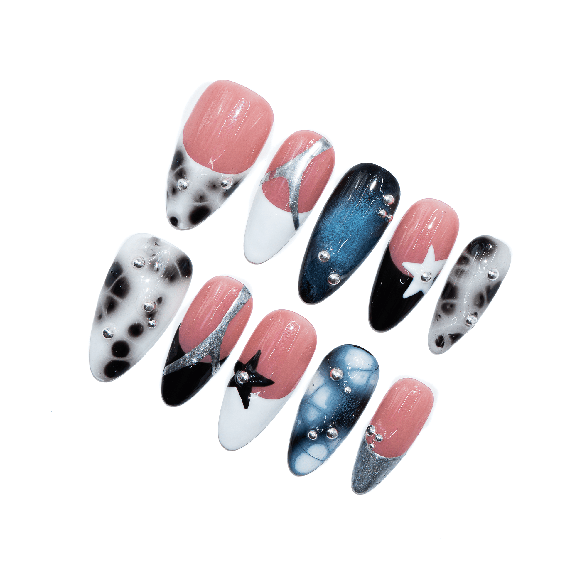 Retro Space Pop press-on nails – design close-up by Handora