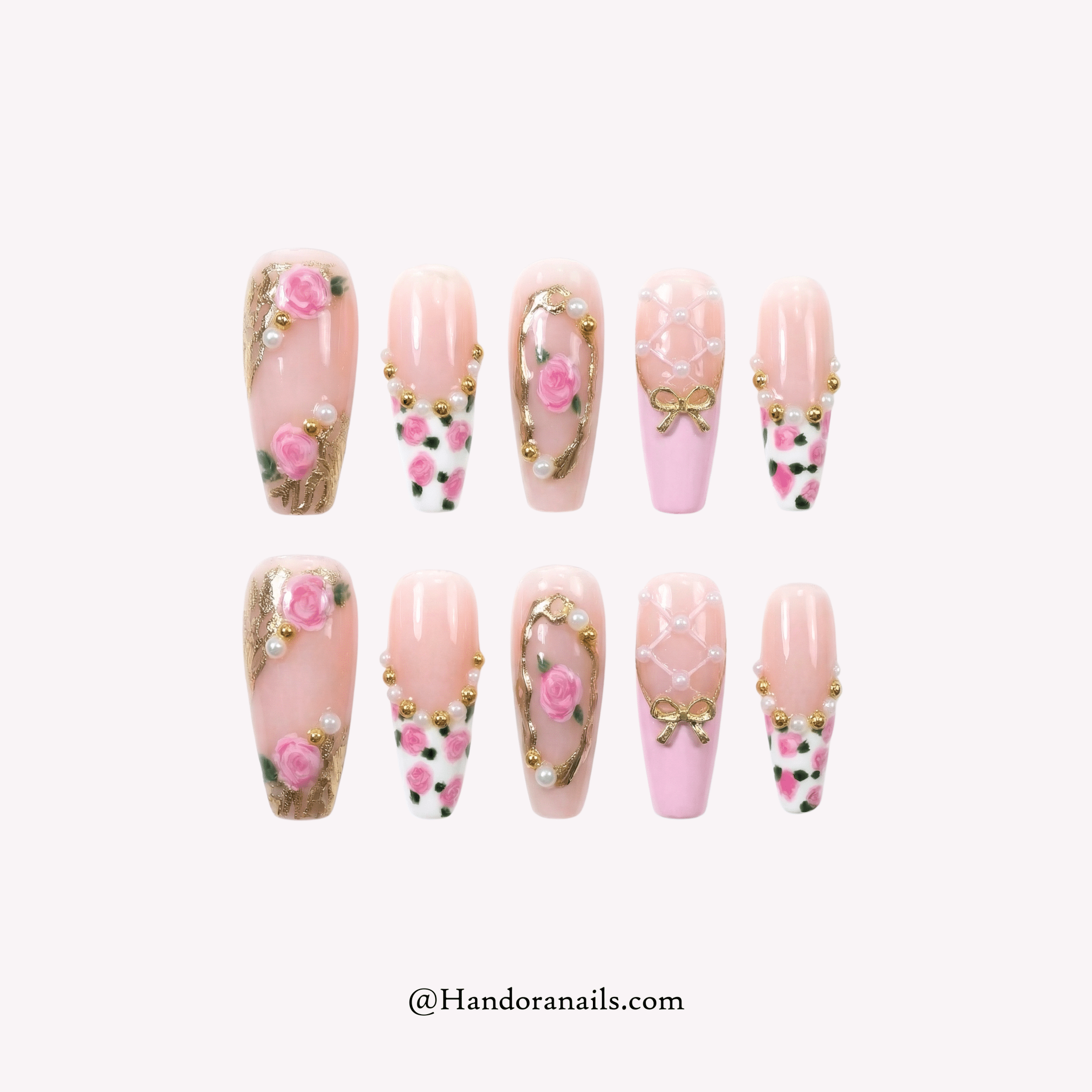 Rose Coquette pink floral press-on nails by Handora