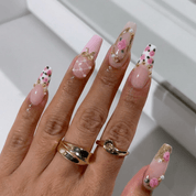 Rose Coquette floral nail design – handmade press-on nails by Handora