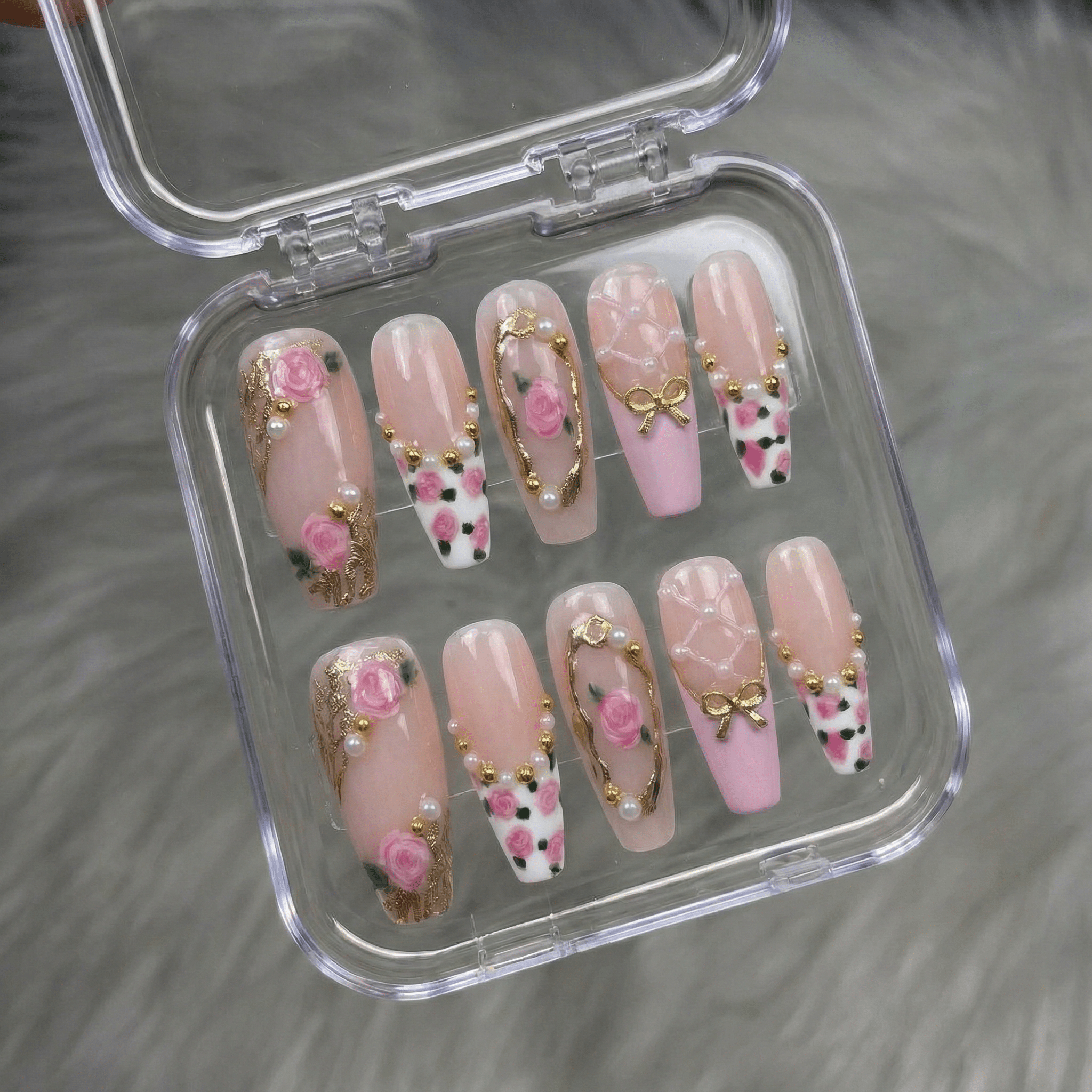 Rose Coquette press-on nails – design close-up by Handora