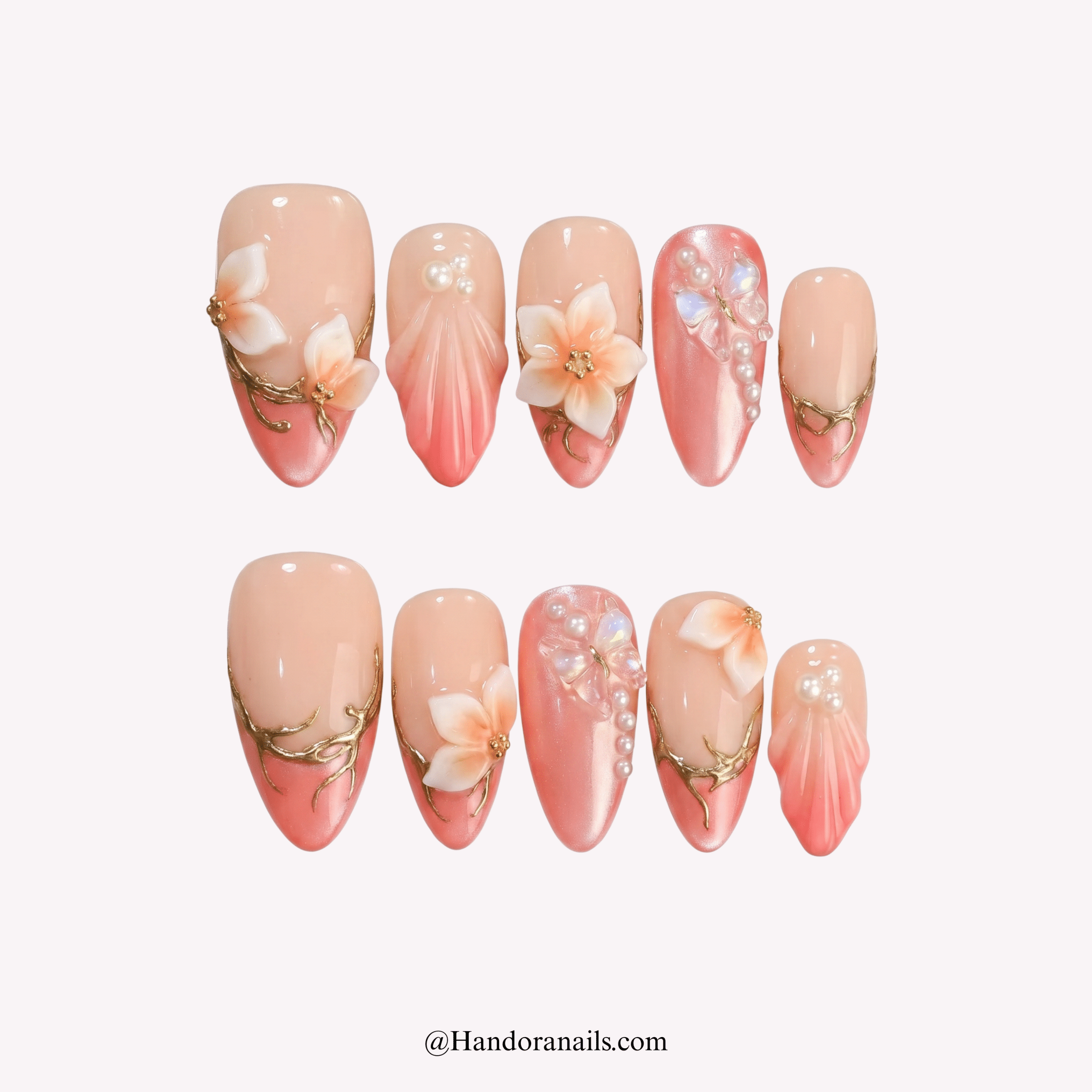 Rose Serenity pink floral press-on nails by Handora