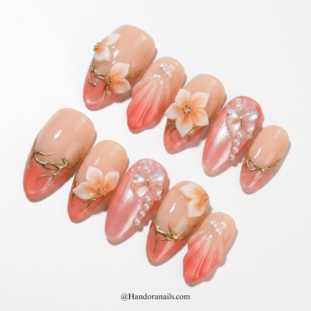 Rose Serenity press-on nails worn on hand – almond shape by Handora
