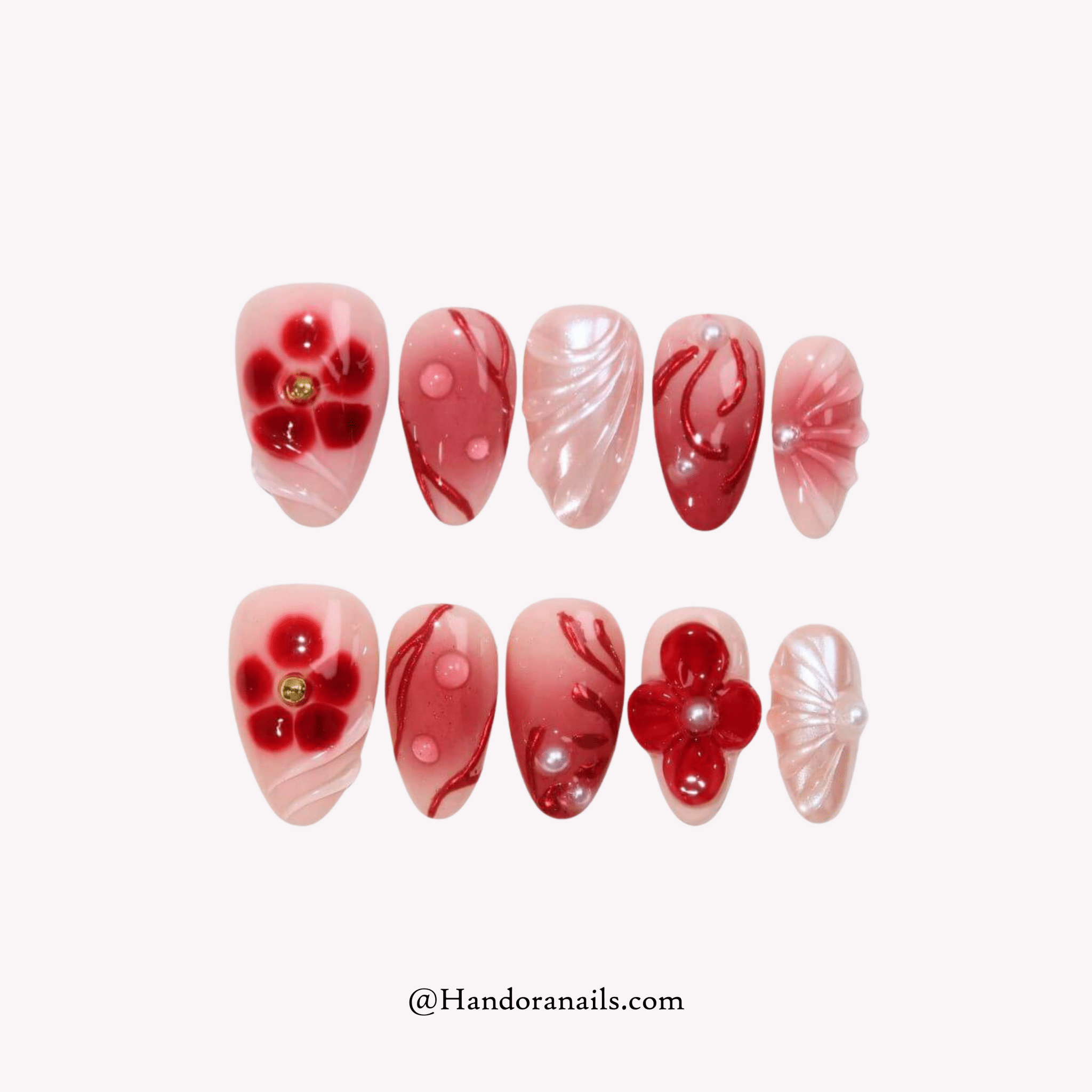 Rosy Grace floral press-on nails by Handora