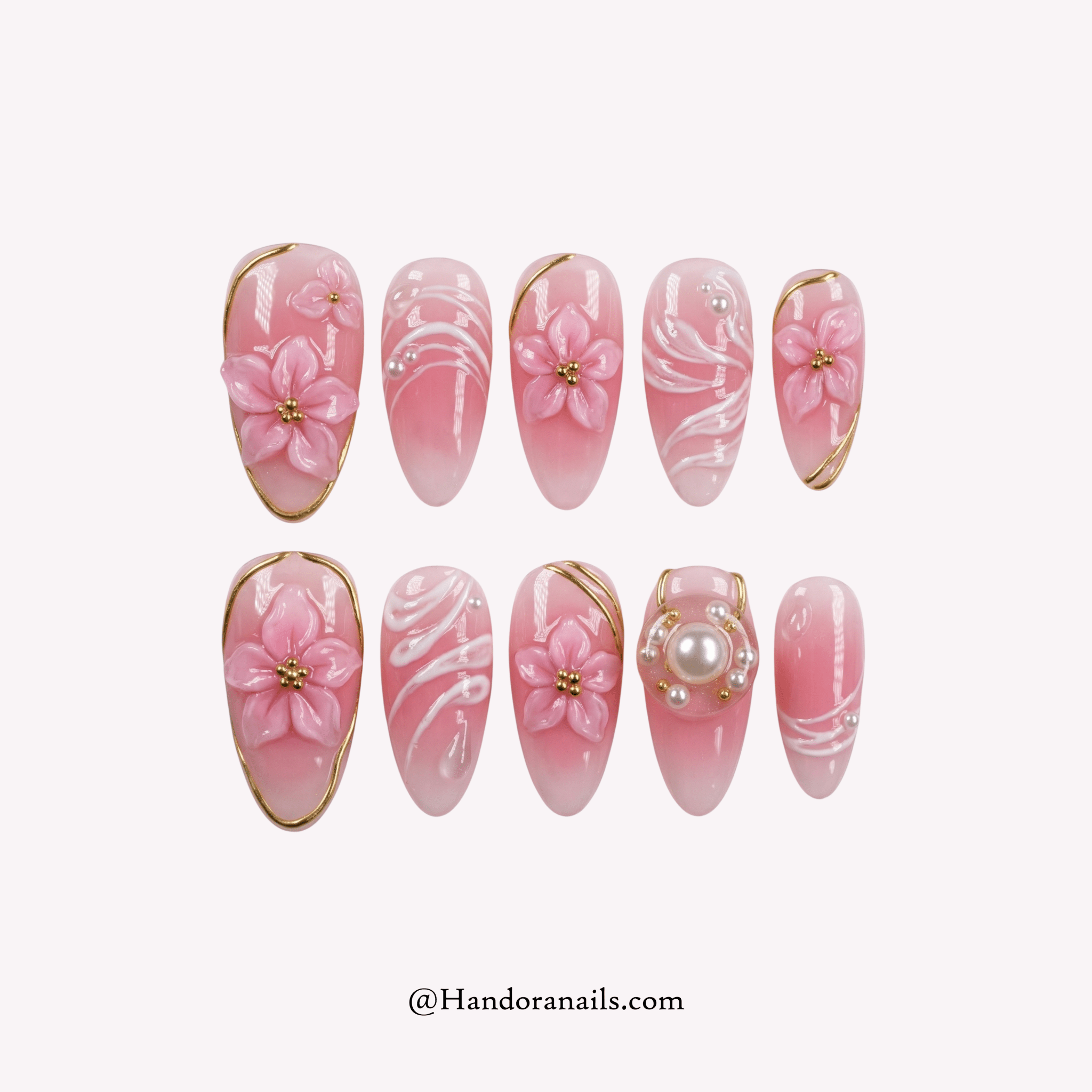 Royal Bloom almond floral press-on nails by Handora