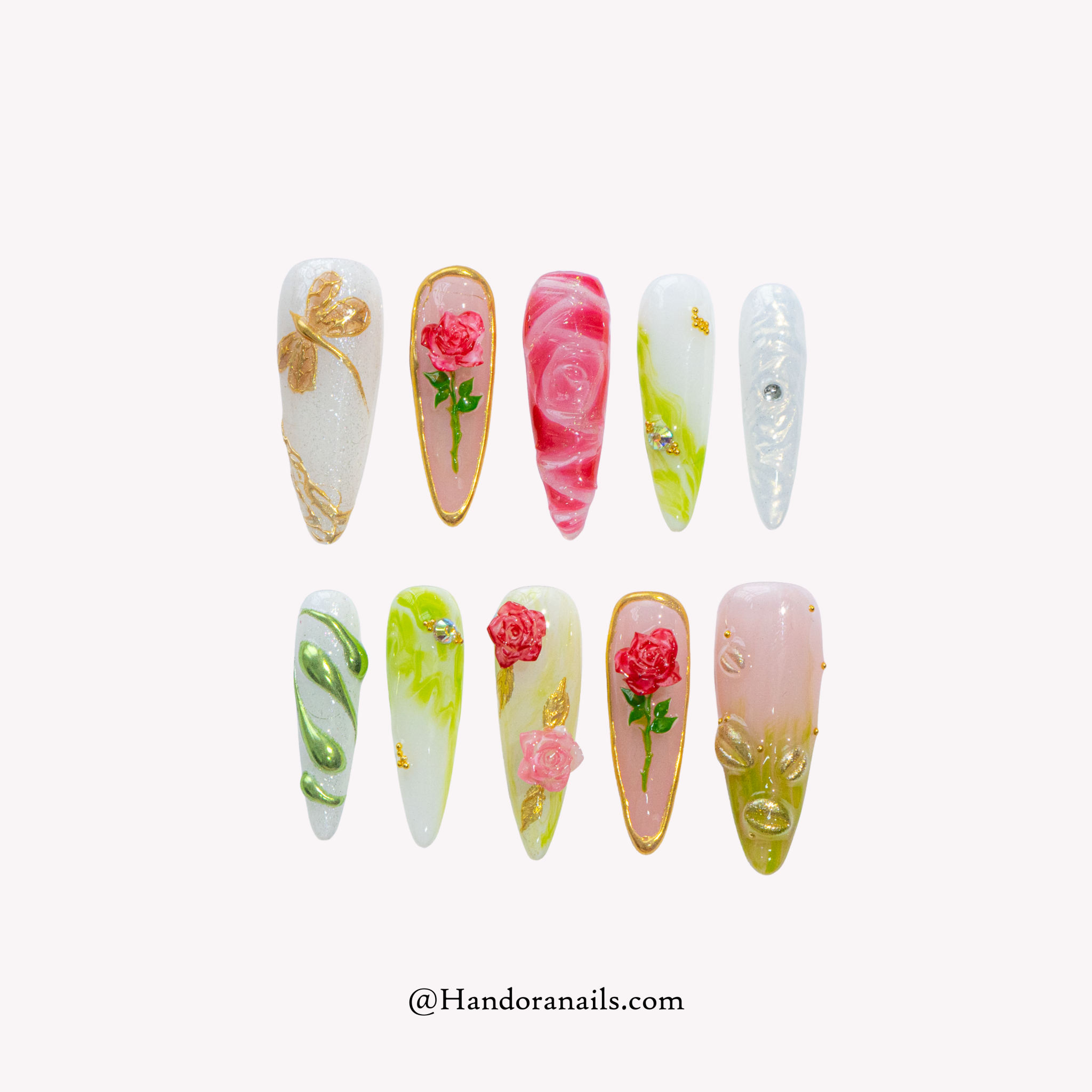 Royal Rose pink 3d press-on nails by Handora