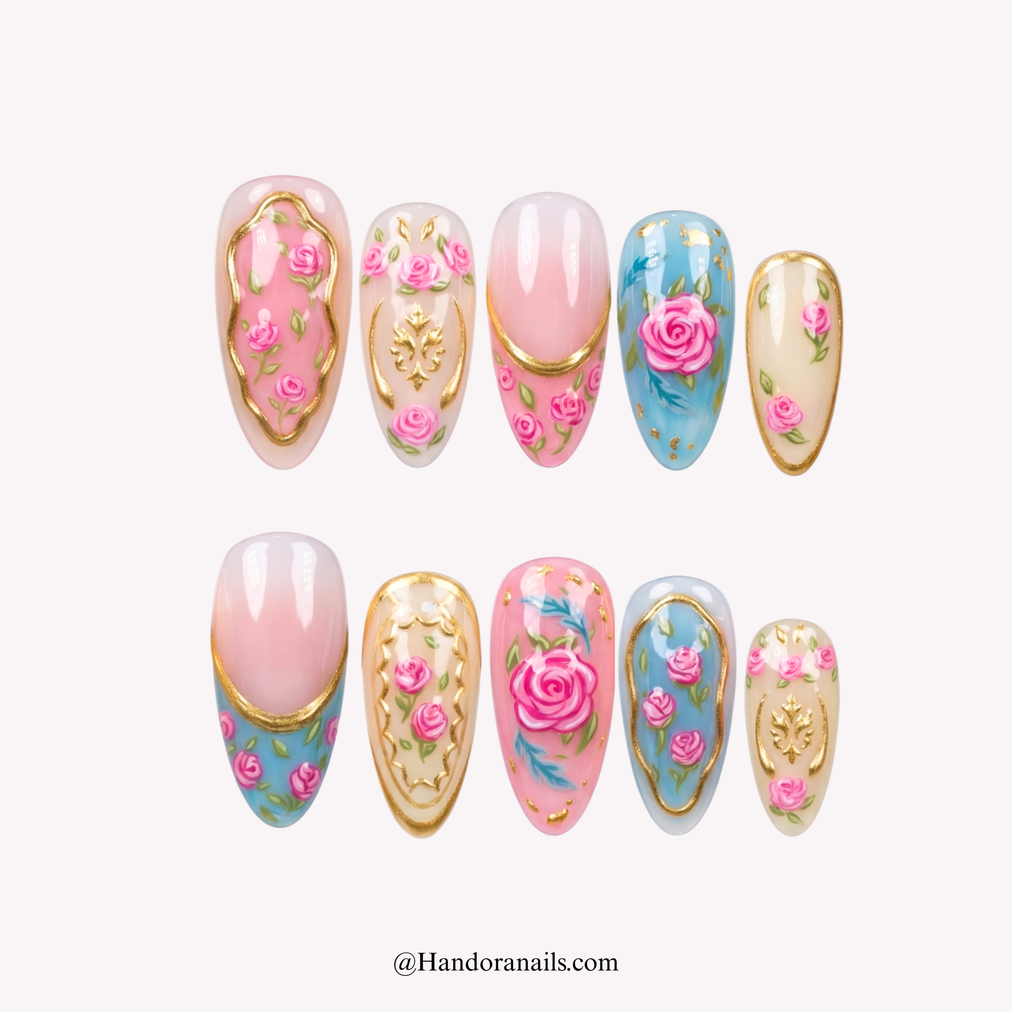 Royal Rosette pink floral press-on nails by Handora