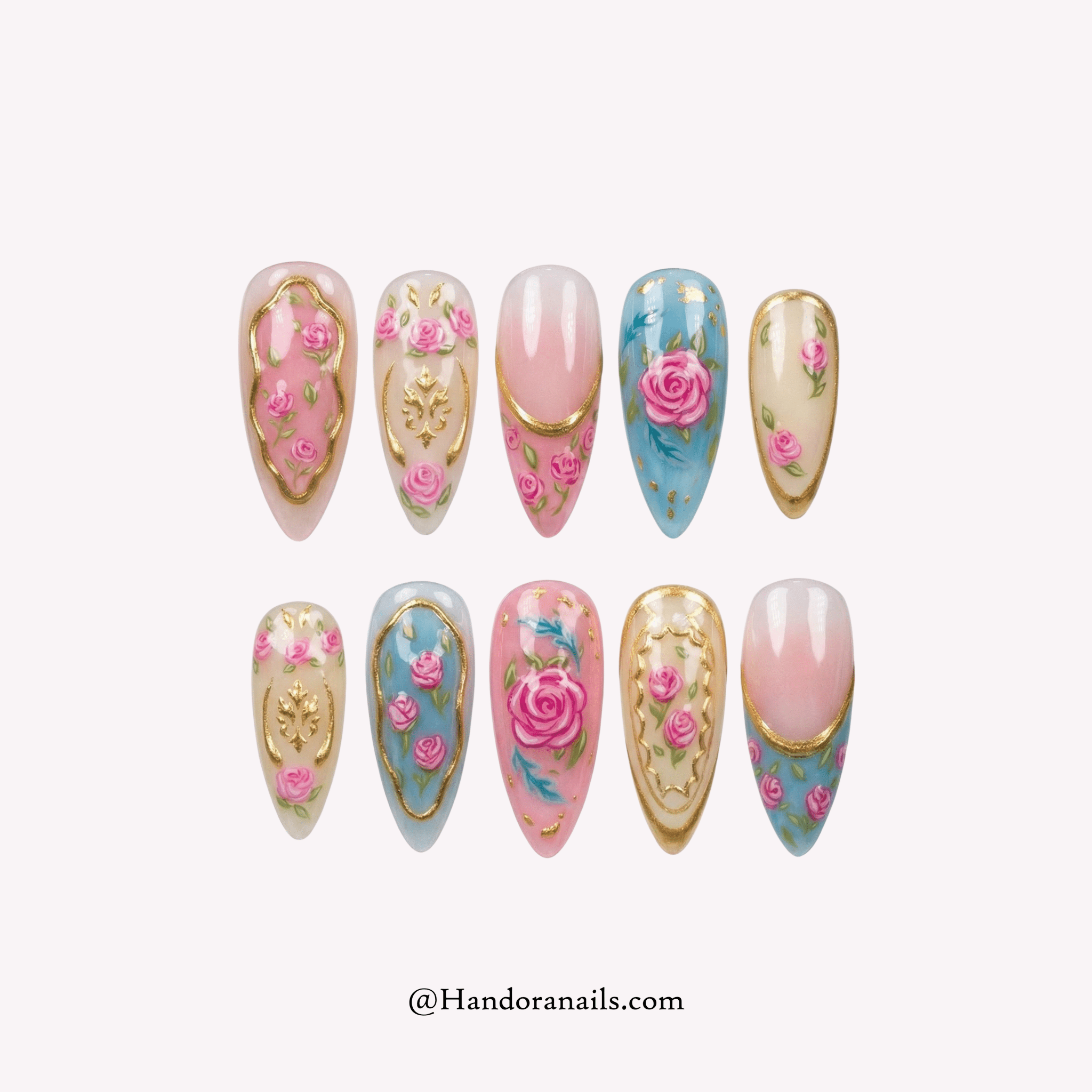 Royal Rosette press-on nails – design close-up by Handora