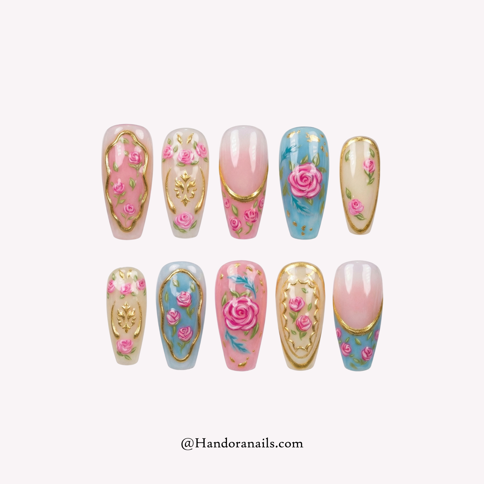 Royal Rosette press-on nails – hand-painted reusable gel set by Handora