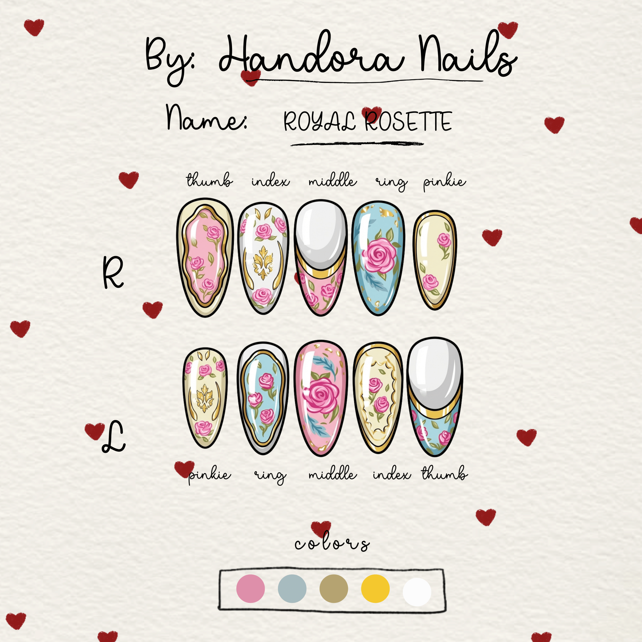 Royal Rosette floral nail design – handmade press-on nails by Handora