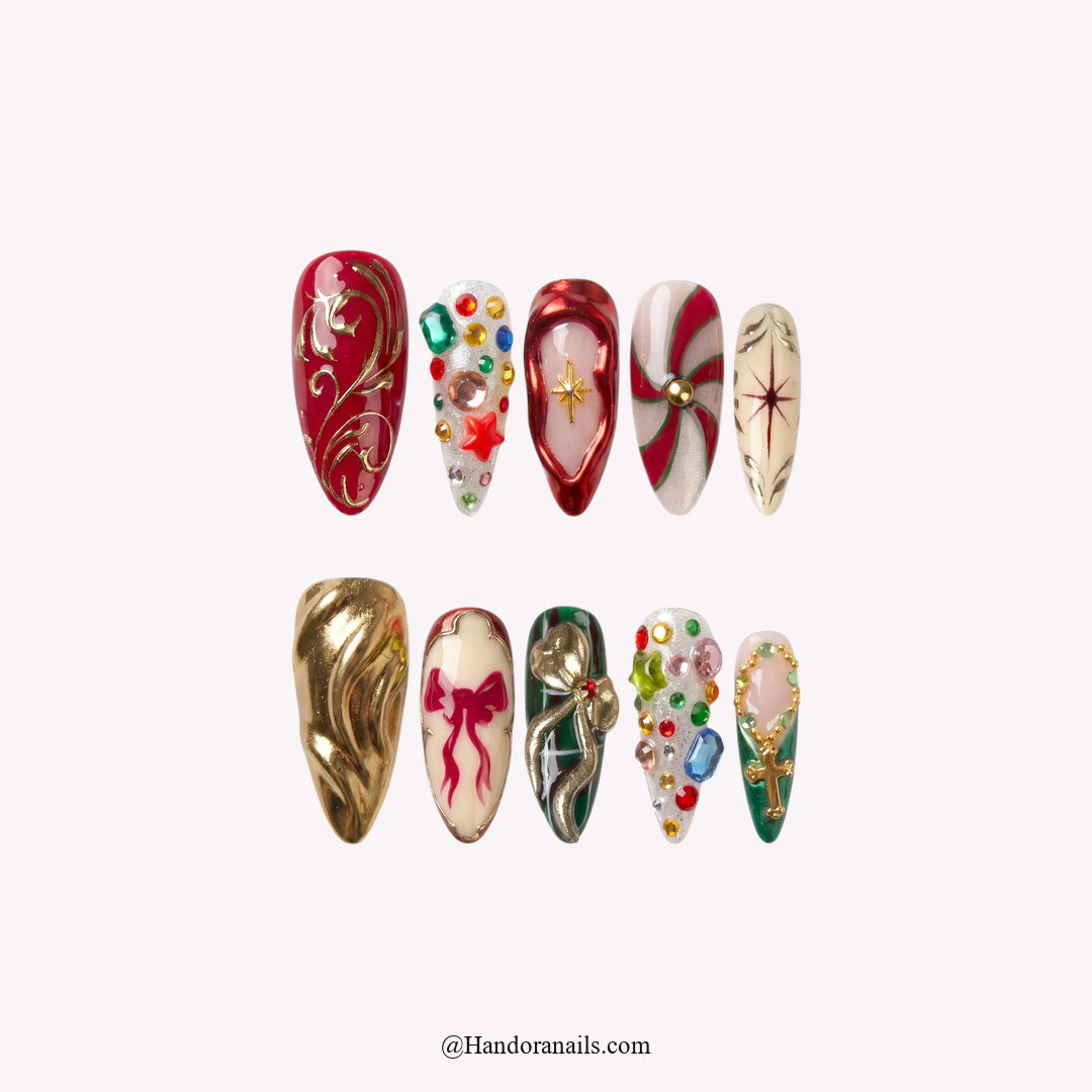 Royal Xmas Christmas press-on nails – full set on white background by Handora Nails