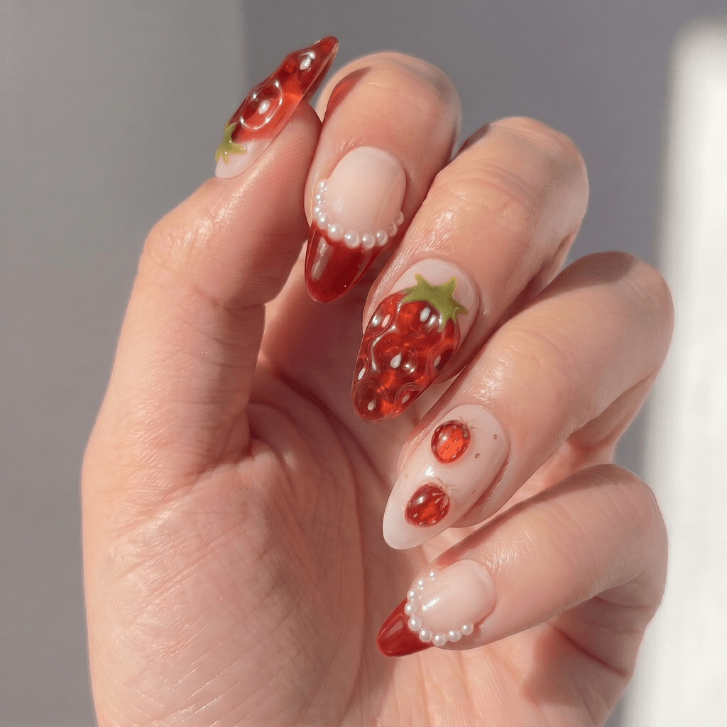 Ruby Berry press-on nails worn on hand – almond shape by Handora
