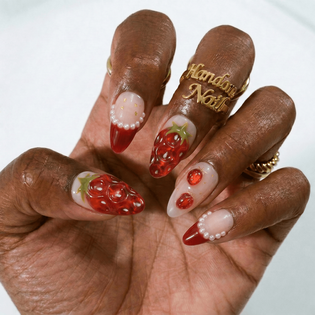 Ruby Berry french tip nail design – handmade press-on nails by Handora
