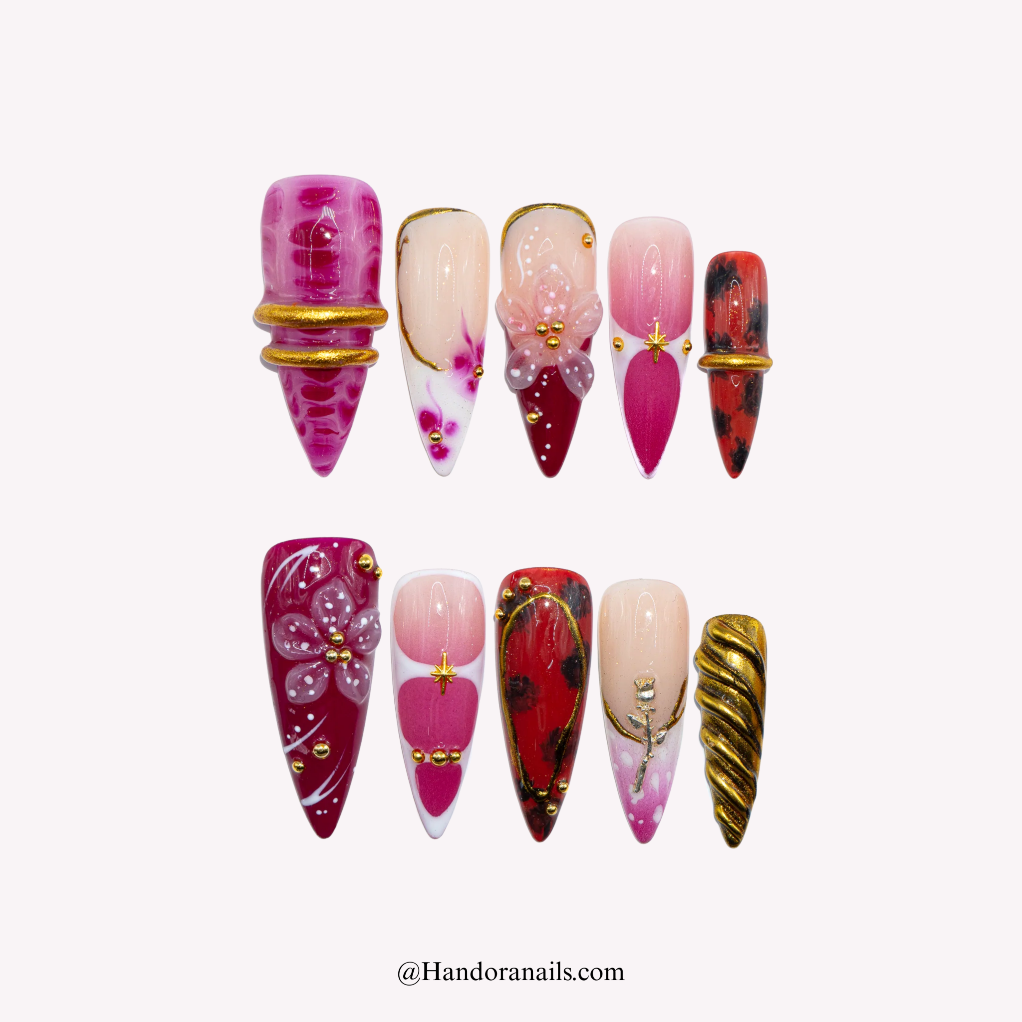 Ruby Bloom red almond floral press-on nails by Handora