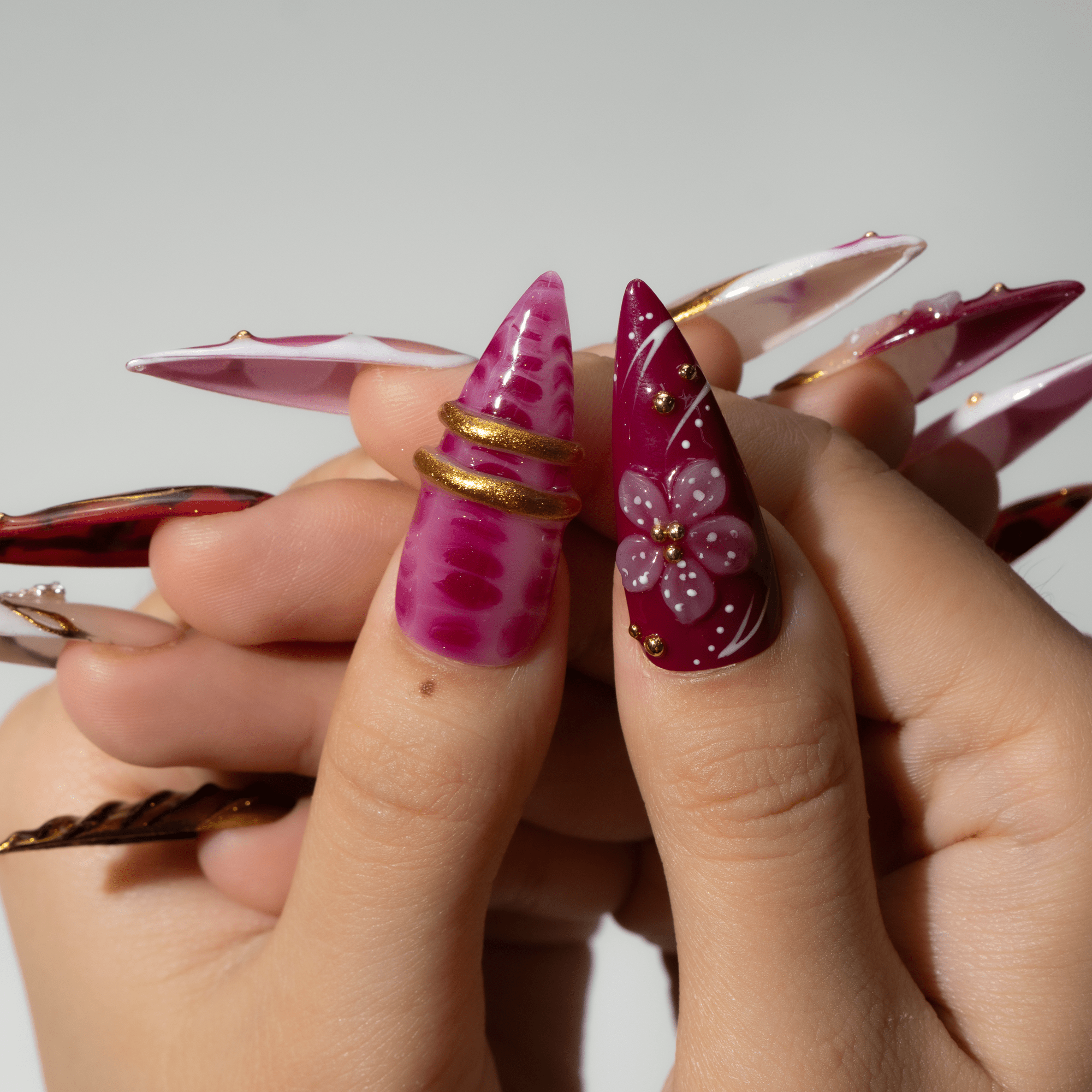 Ruby Bloom almond press-on nails – design close-up by Handora