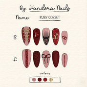 Ruby Corset press-on nails worn on hand – almond shape by Handora