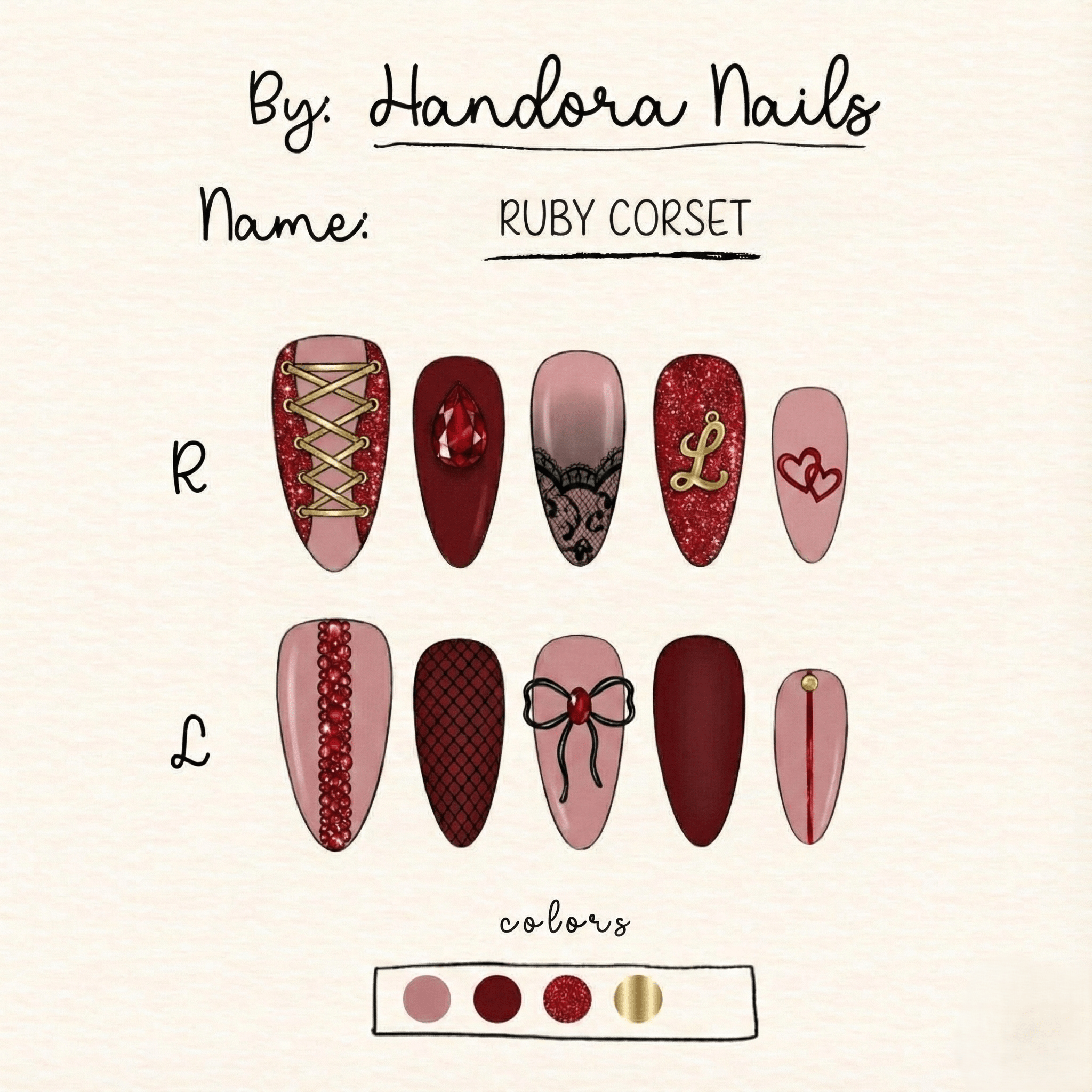 Ruby Corset press-on nails worn on hand – almond shape by Handora