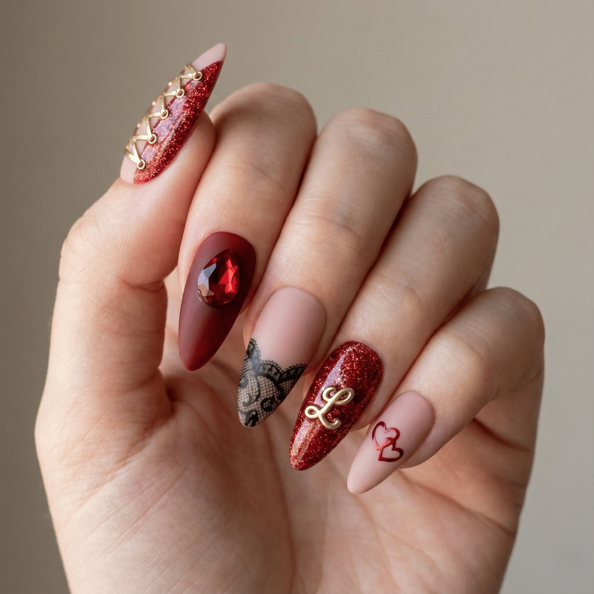 Ruby Corset press-on nails – design close-up by Handora