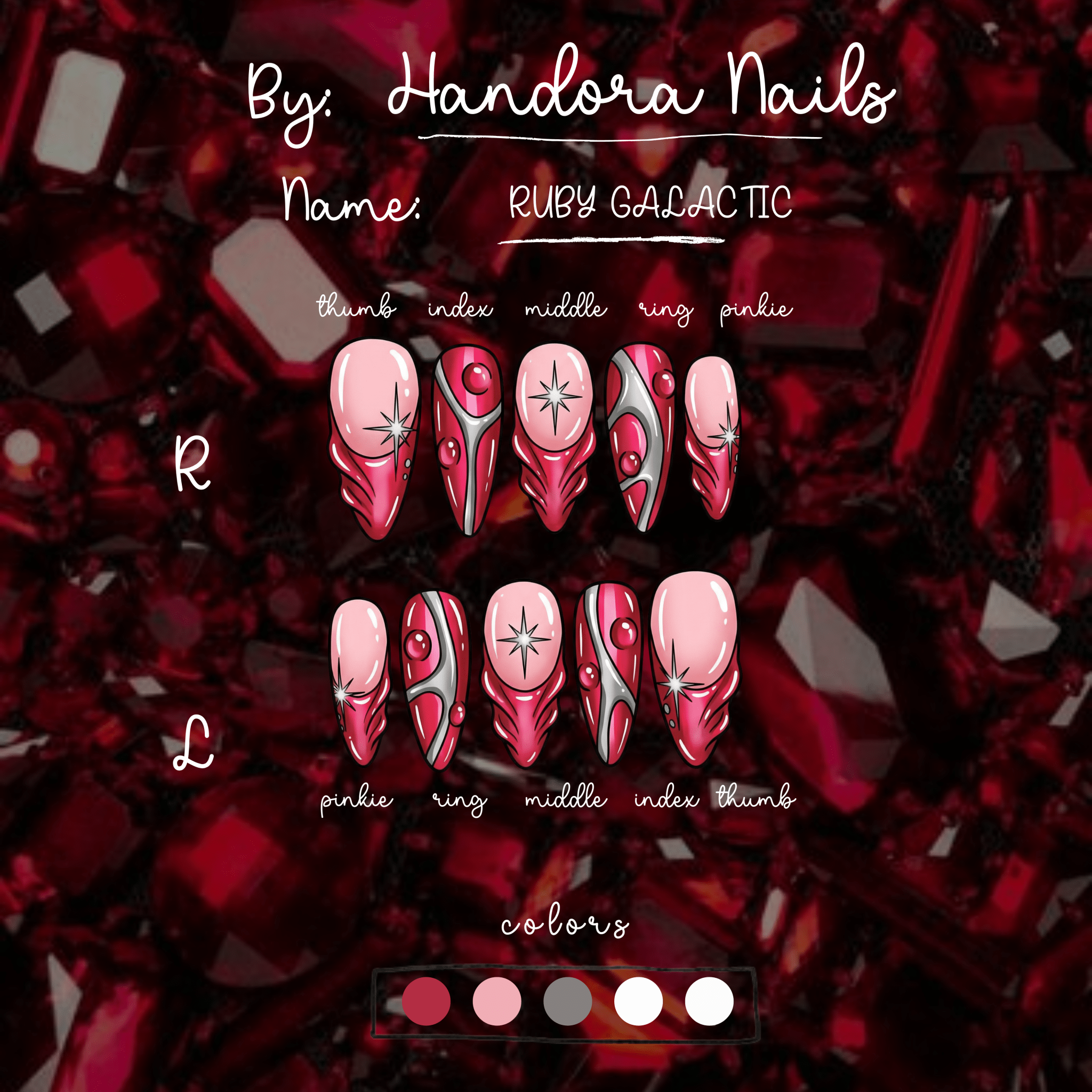 Ruby Galactic press-on nails – design close-up by Handora