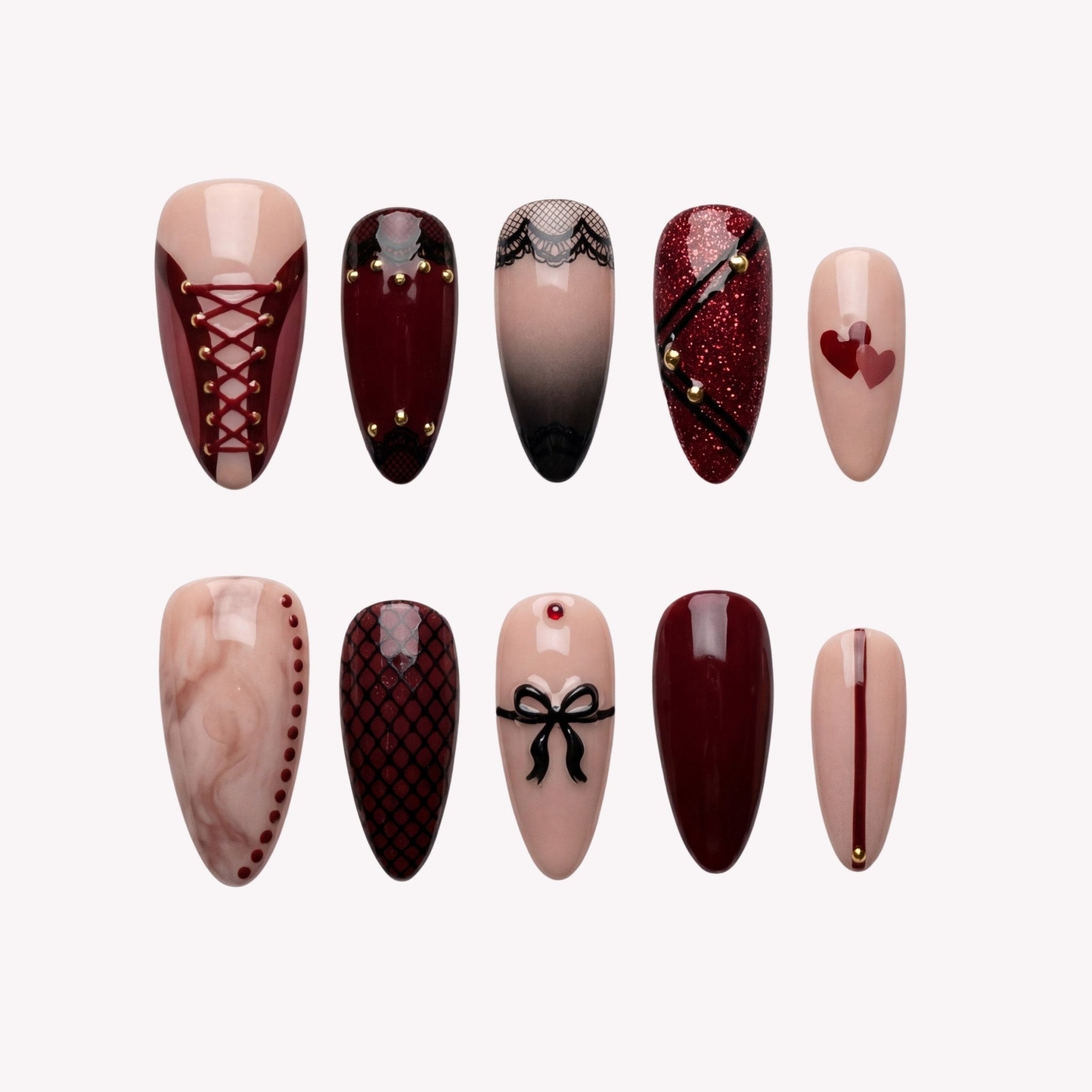 Ruby Lace red gothic press-on nails by Handora