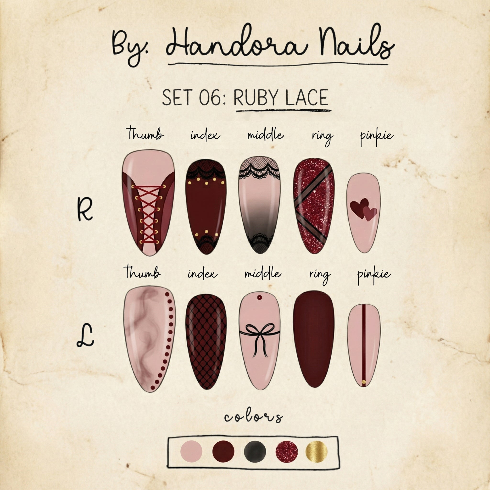 Ruby Lace press-on nails worn on hand – almond shape by Handora