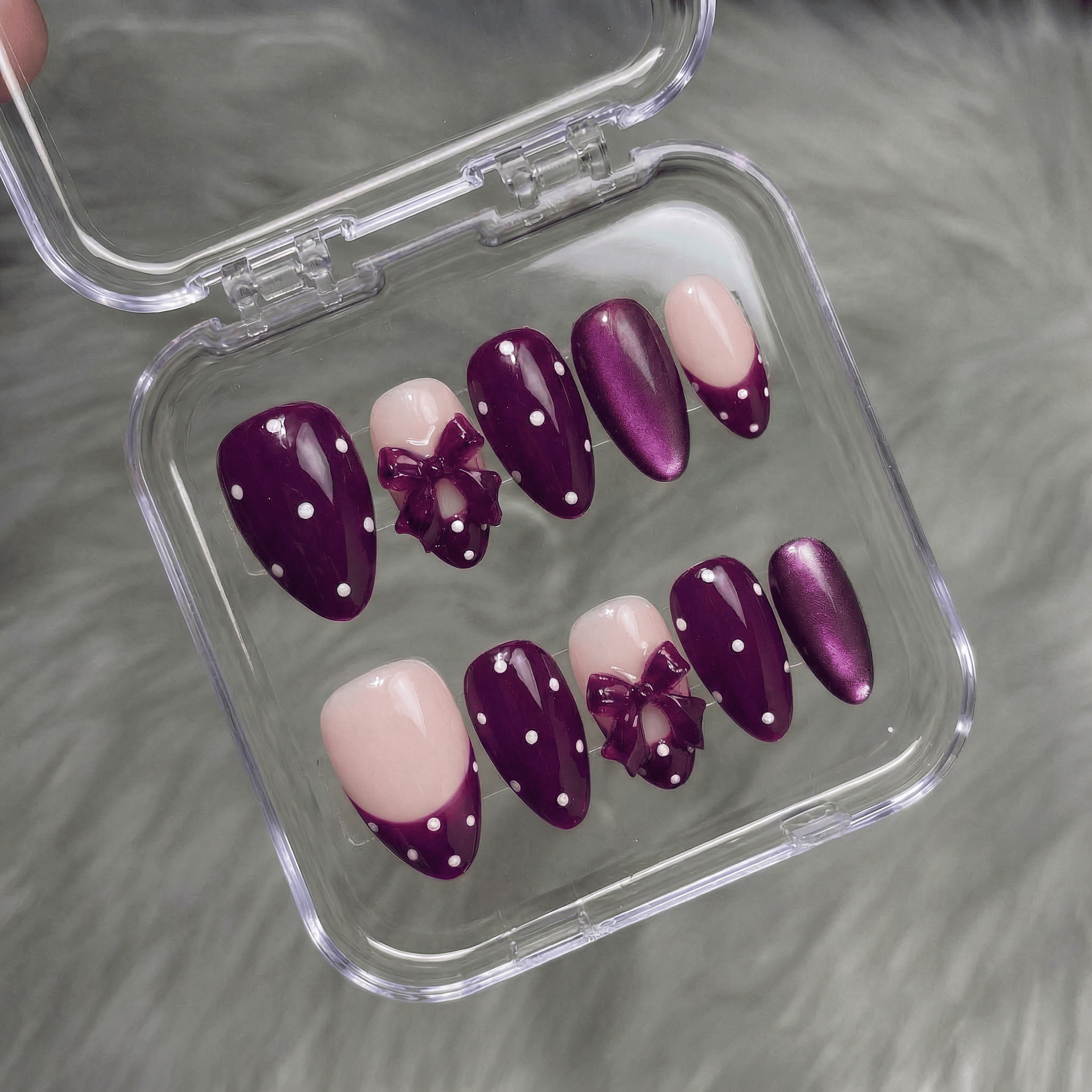 Ruby Polka nail design – handmade press-on nails by Handora