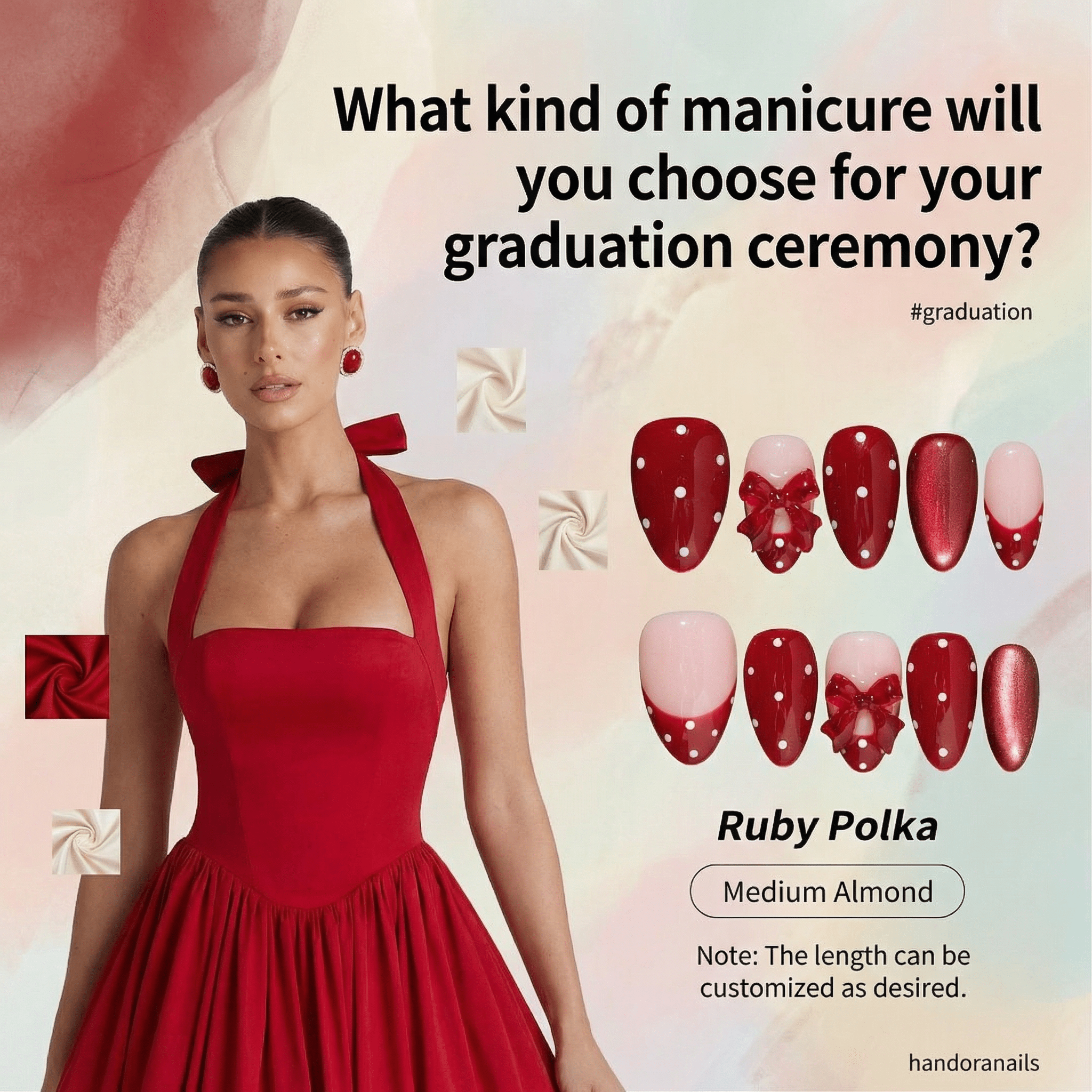 Ruby Polka press-on nails – hand-painted reusable gel set by Handora