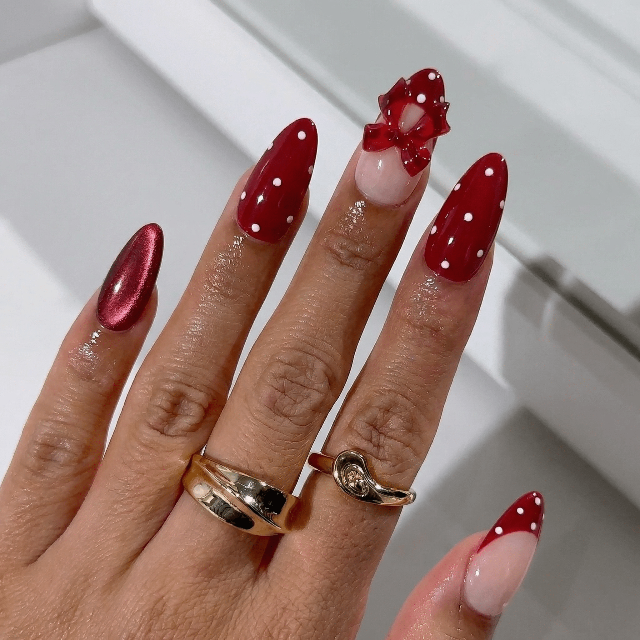 Ruby Polka press-on nails – design close-up by Handora