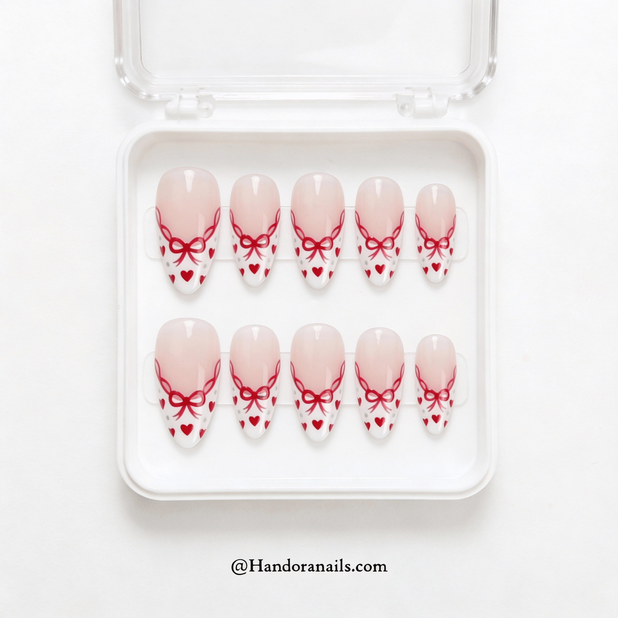 Ruby Romance almond press-on nails – design close-up by Handora