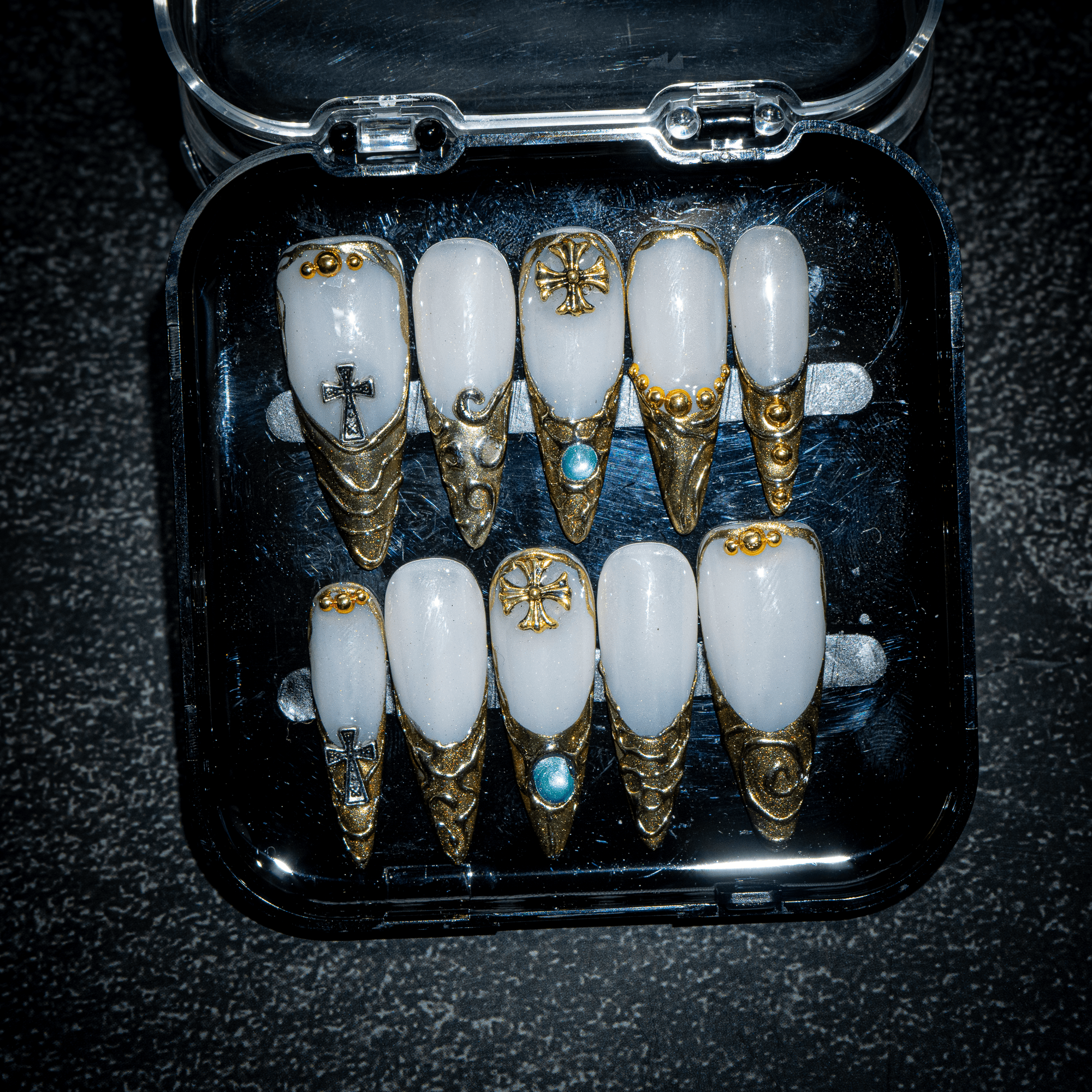Sacred Relic press-on nails – design close-up by Handora