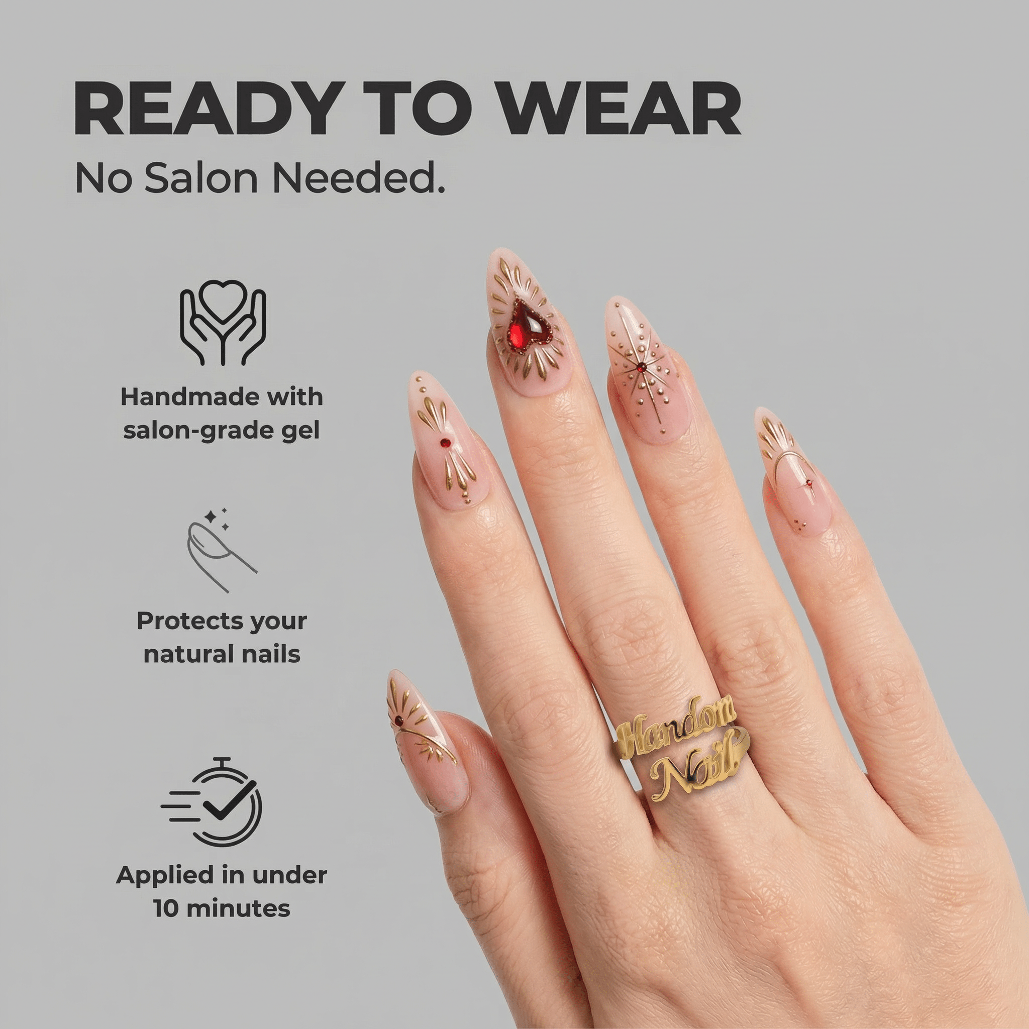Sacred Ruby press-on nails – hand-painted reusable gel set by Handora
