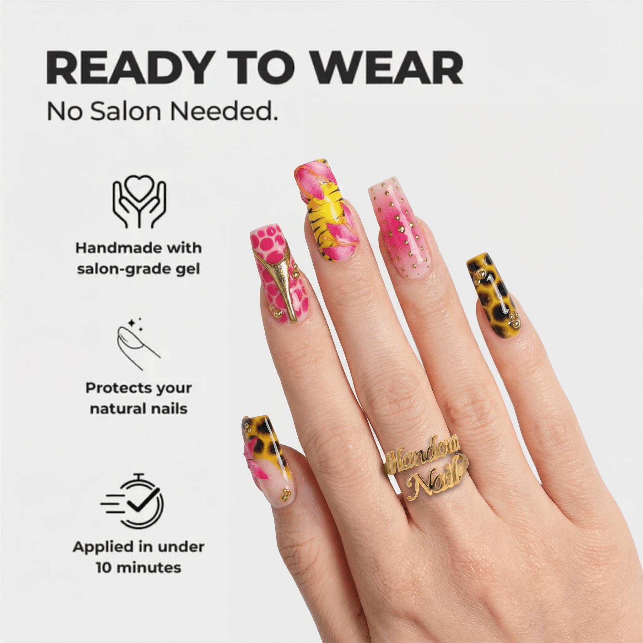 Safari Blossom press-on nails – hand-painted reusable gel set by Handora