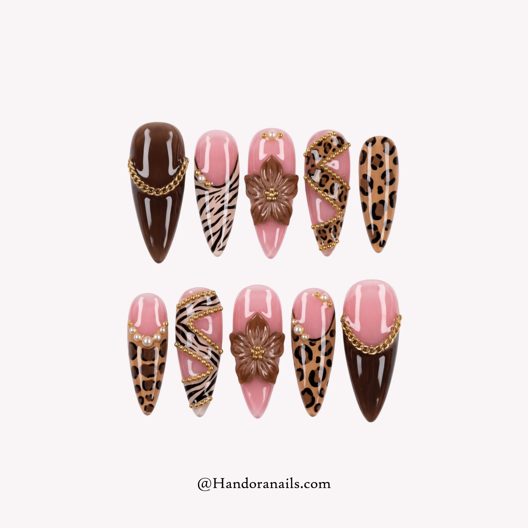 Safari Rose pink floral press-on nails by Handora