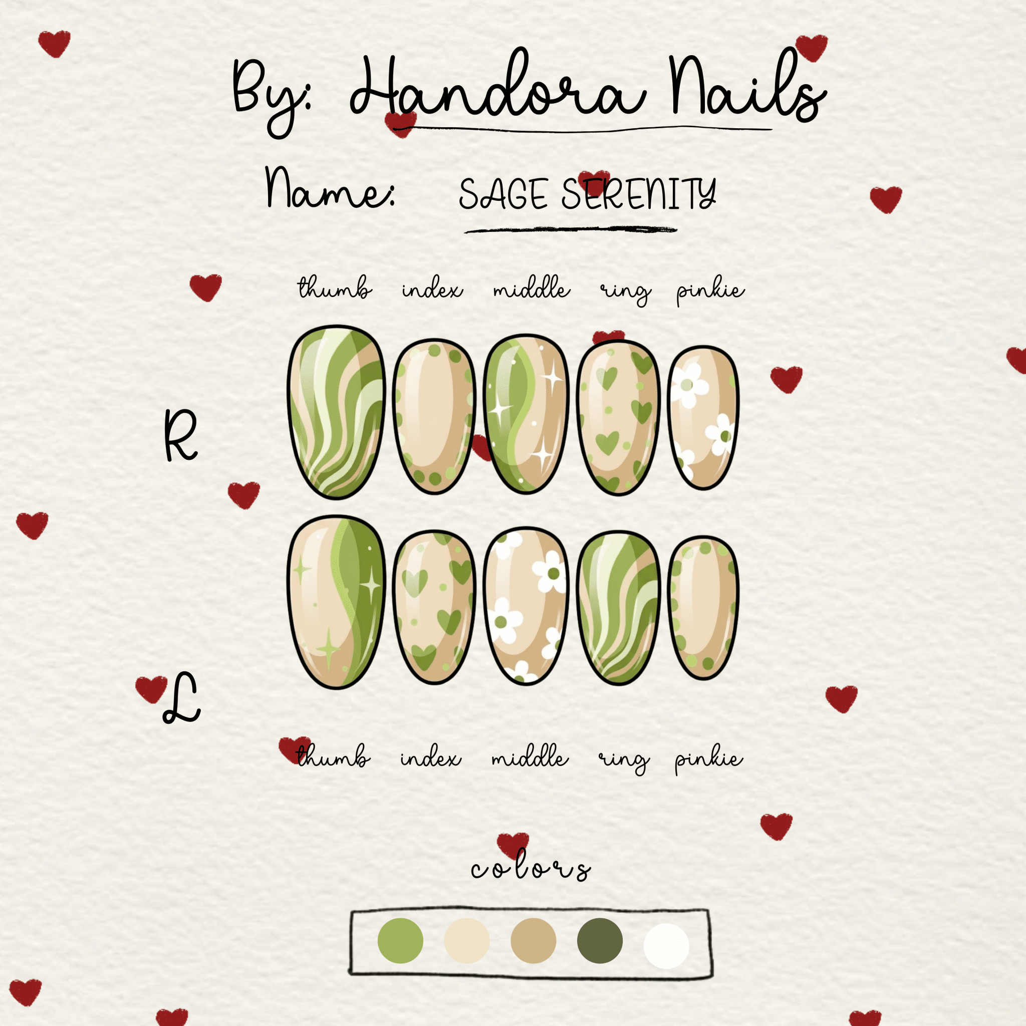 Sage Serenity press-on nails – design close-up by Handora