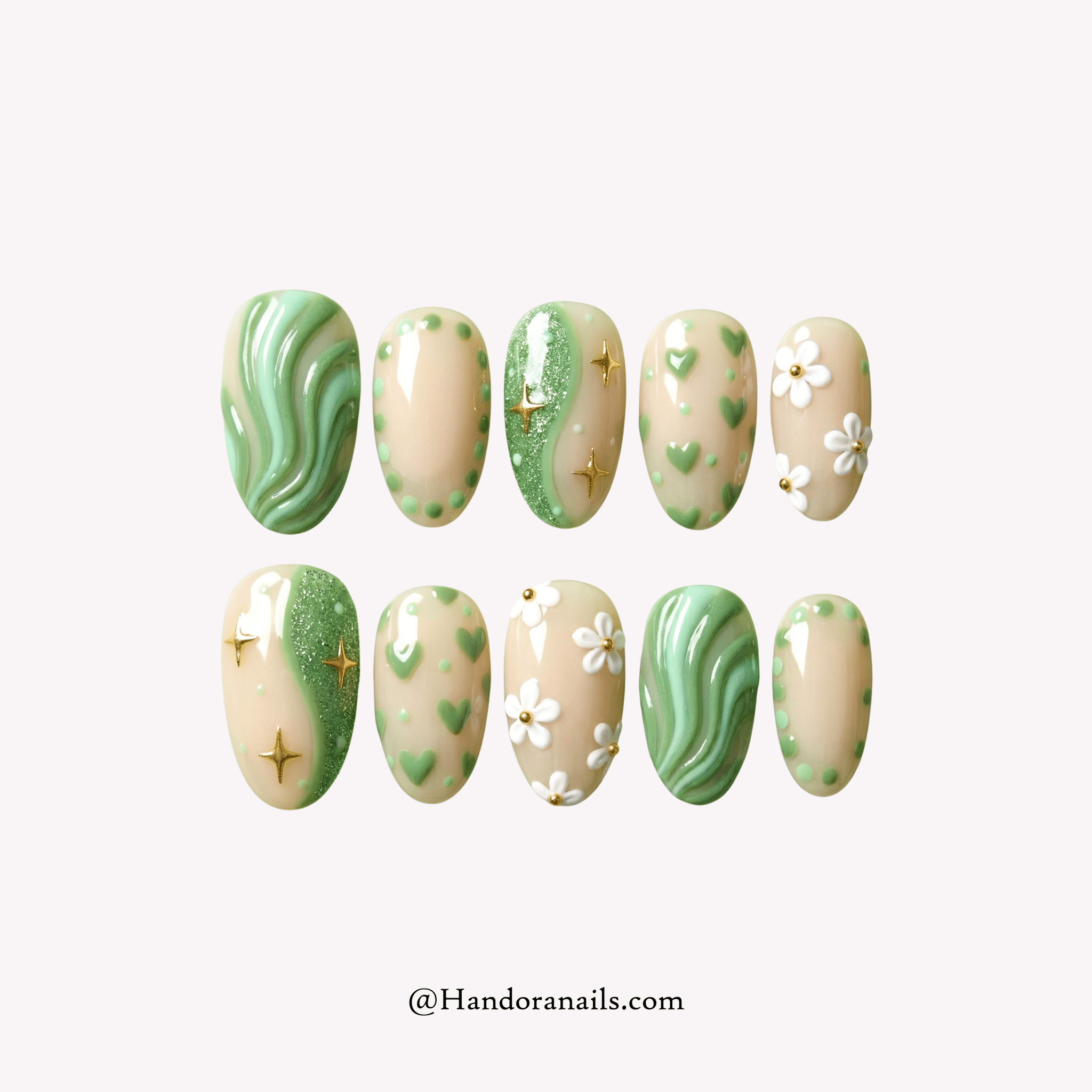 Sage Serenity floral press-on nails by Handora