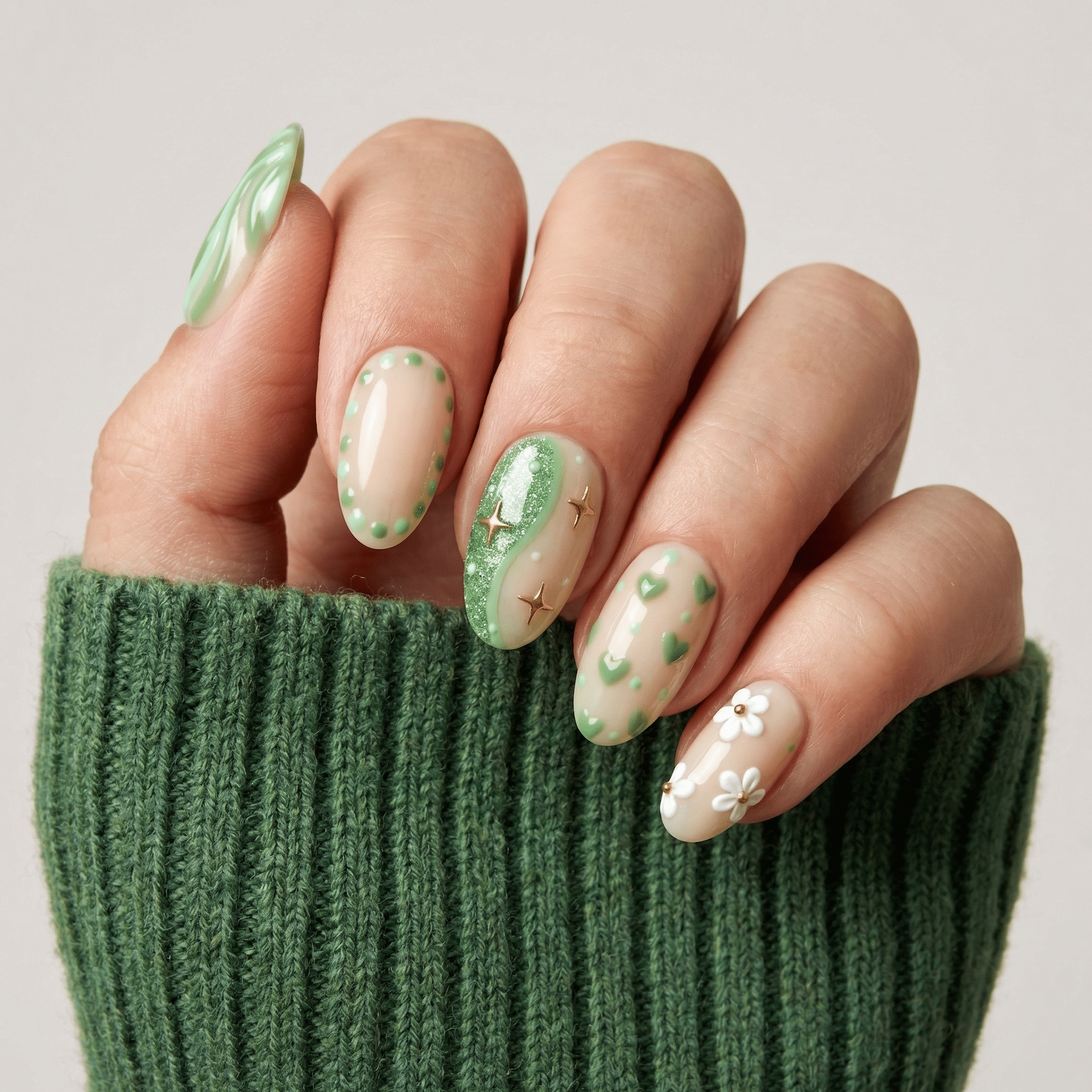 Sage Serenity press-on nails – hand-painted reusable gel set by Handora
