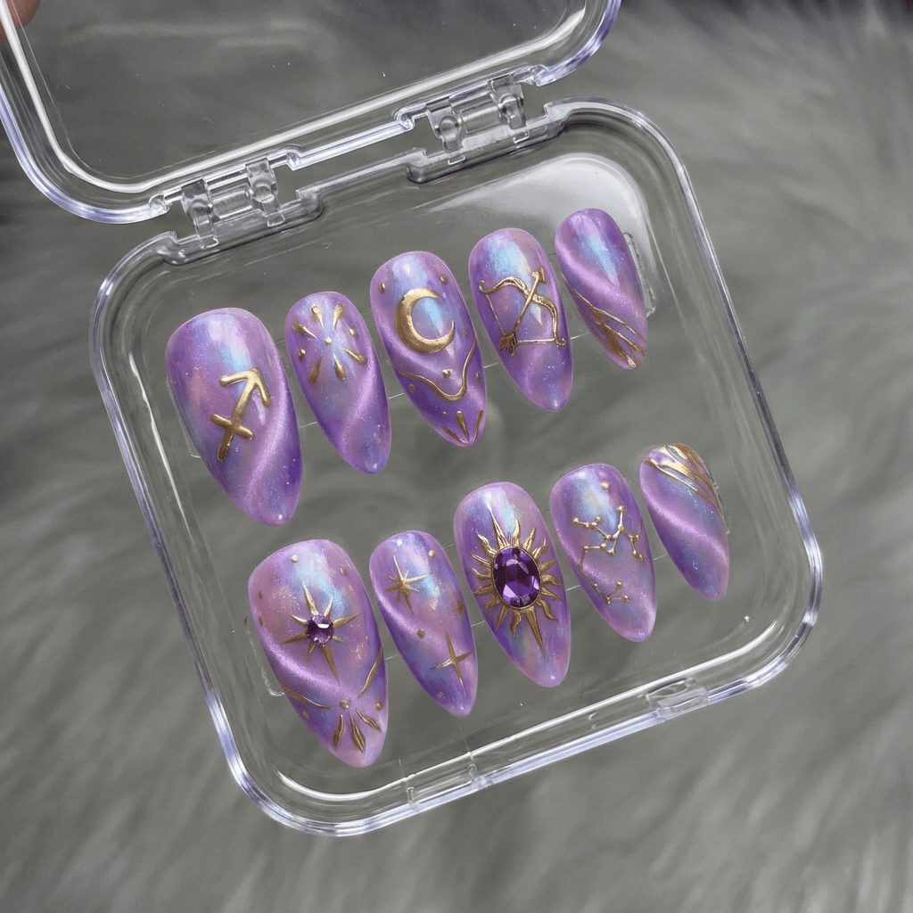 Sagi Wander press-on nails worn on hand – almond shape by Handora