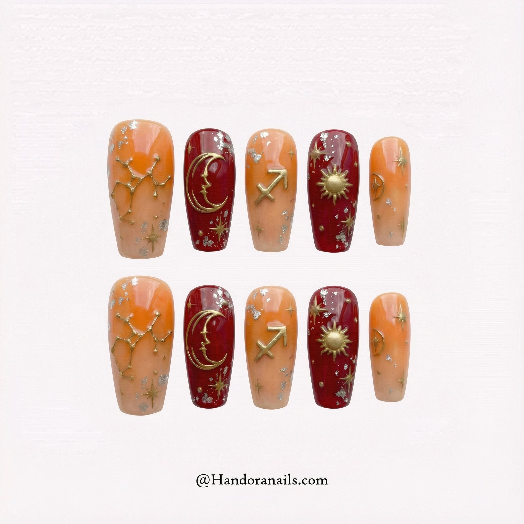 Sagittarius Aura press-on nails – design close-up by Handora
