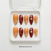 Sagittarius Aura press-on nails worn on hand – almond shape by Handora