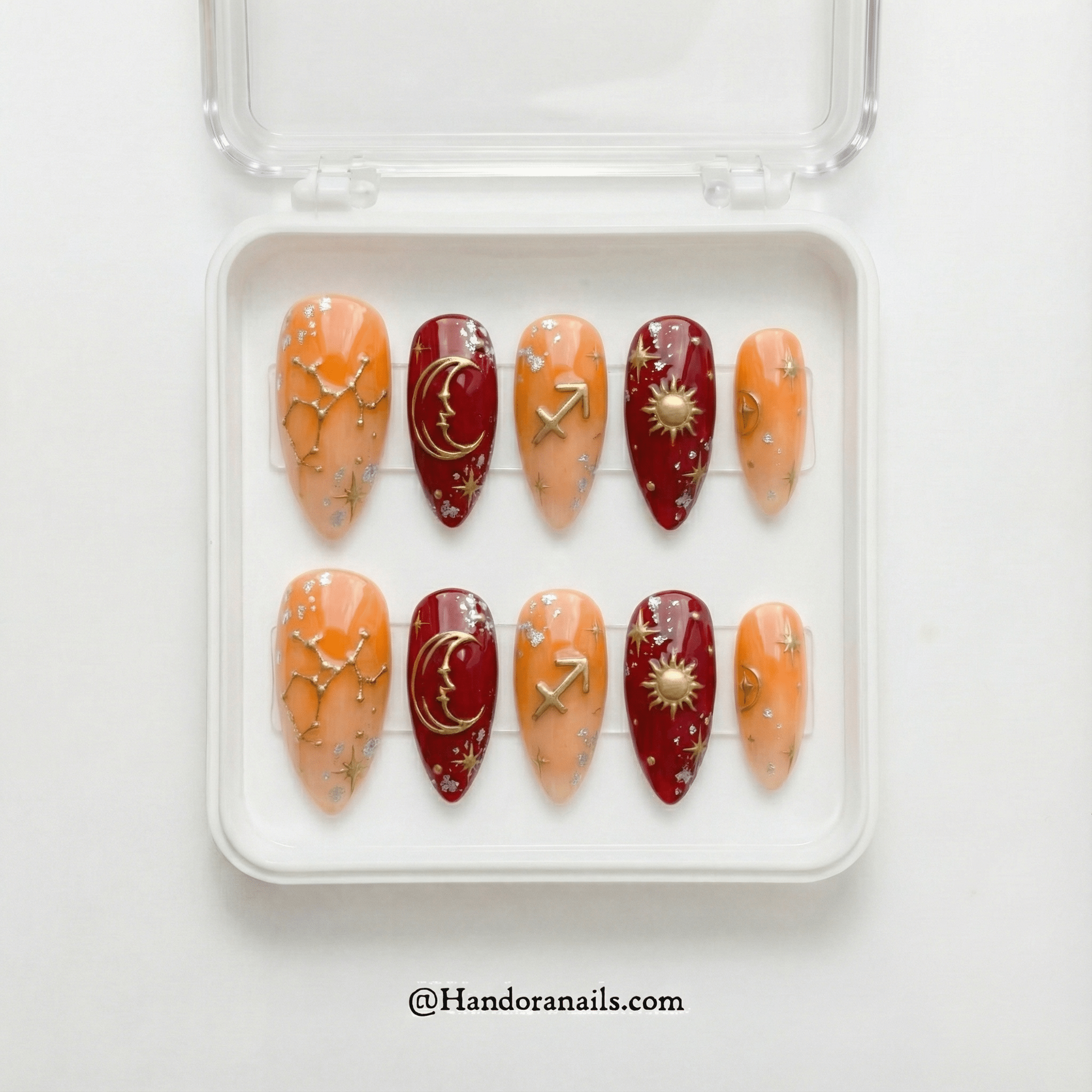 Sagittarius Aura press-on nails worn on hand – almond shape by Handora
