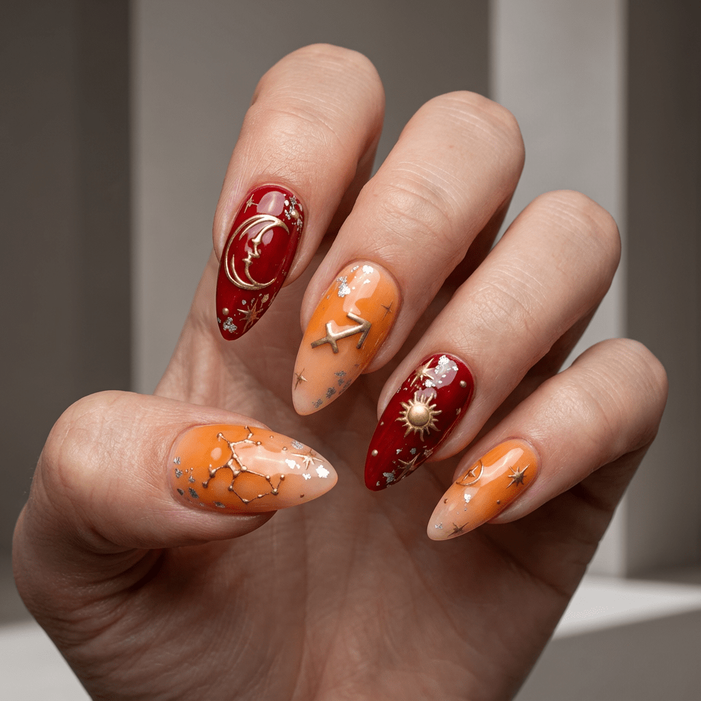 Sagittarius Aura press-on nails – hand-painted reusable gel set by Handora