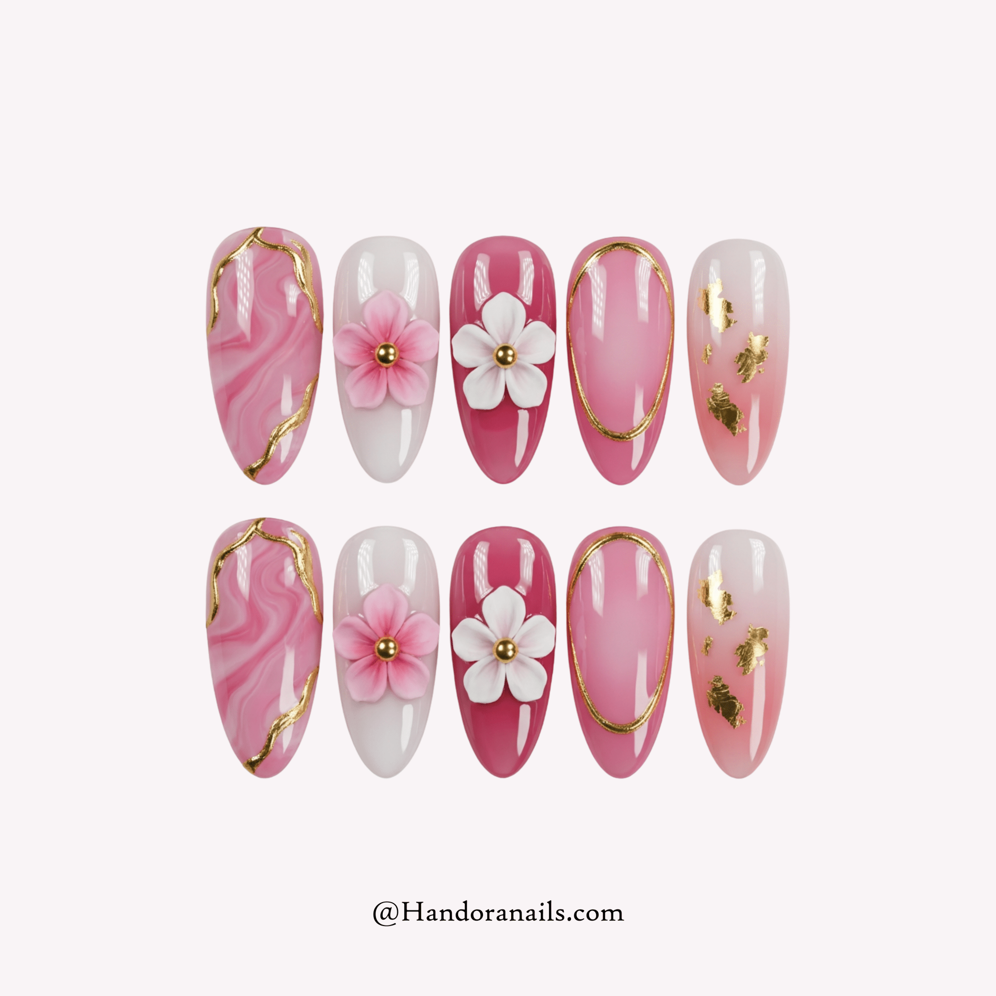 Sakura Marble almond press-on nails by Handora