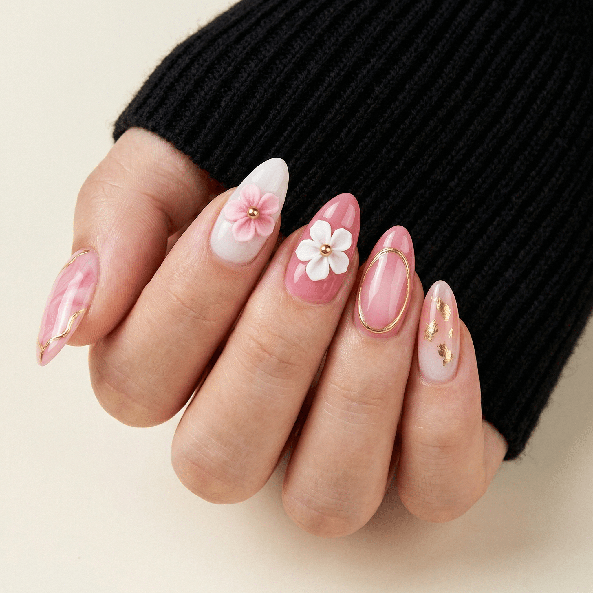 Sakura Marble press-on nails – hand-painted reusable gel set by Handora