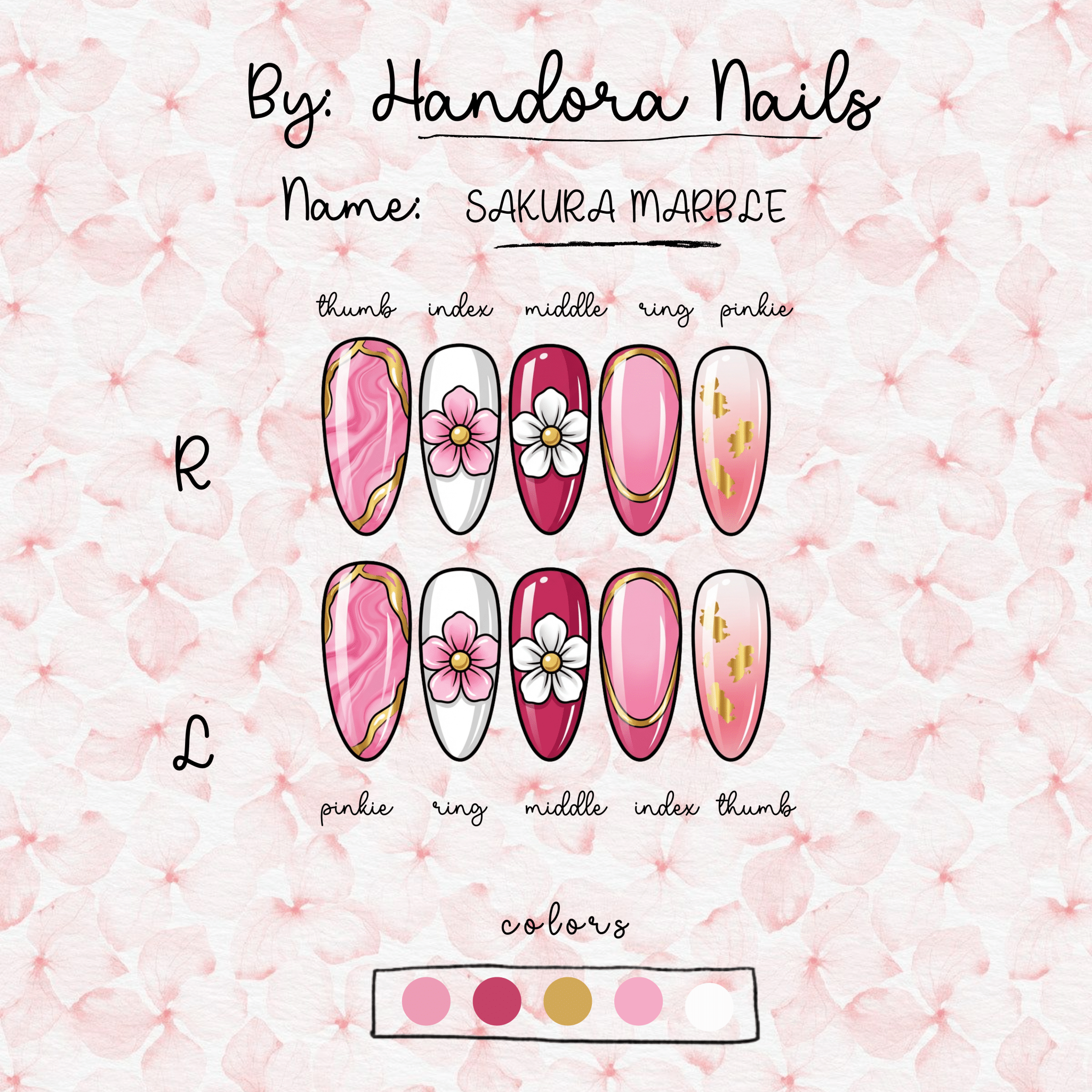 Sakura Marble almond press-on nails – design close-up by Handora