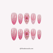Sakura Pearl white almond floral press-on nails by Handora