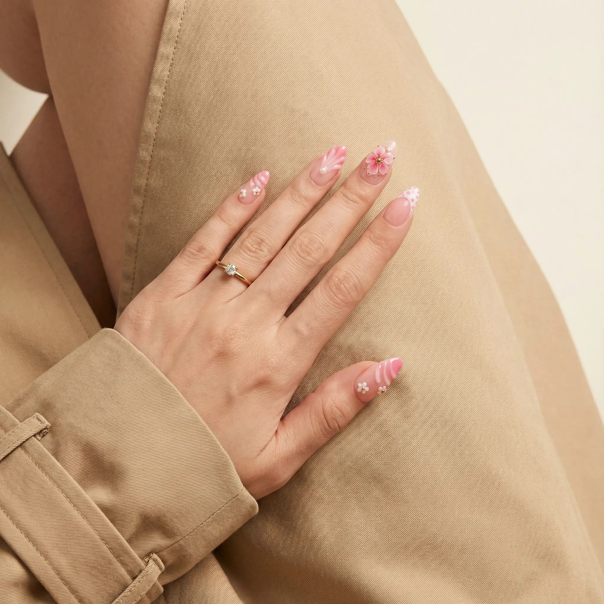 Sakura Pearl press-on nails – hand-painted reusable gel set by Handora