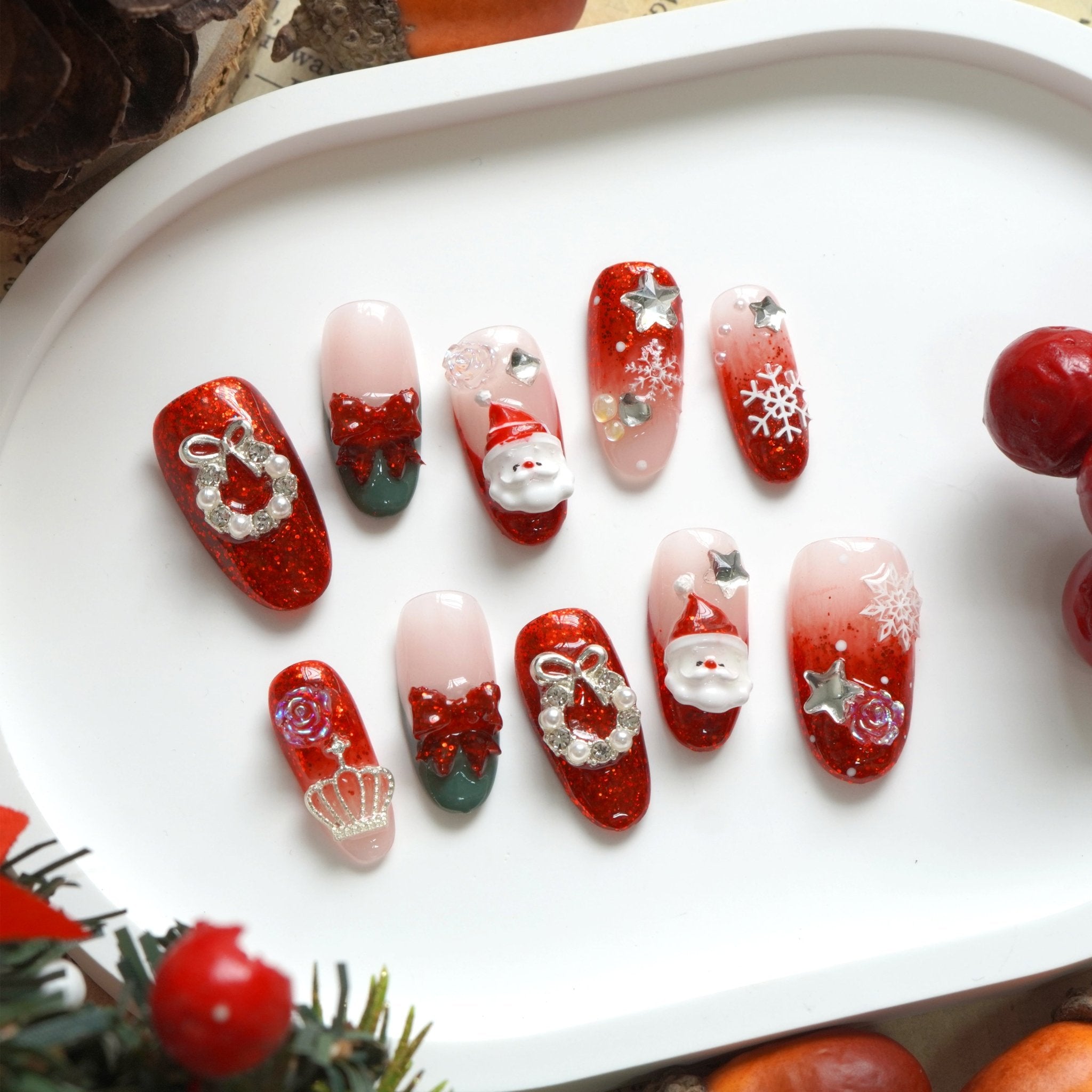 Santa Chic almond cute press-on nails by Handora